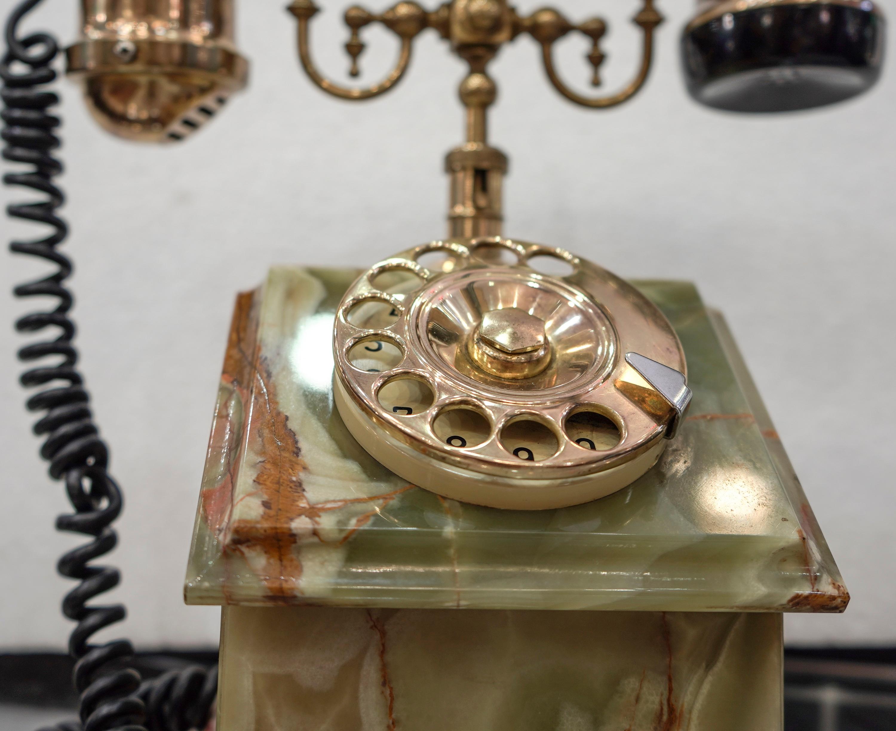 Hand-Crafted Midcentury Italian Green Onix and Gilded Bronze Phone