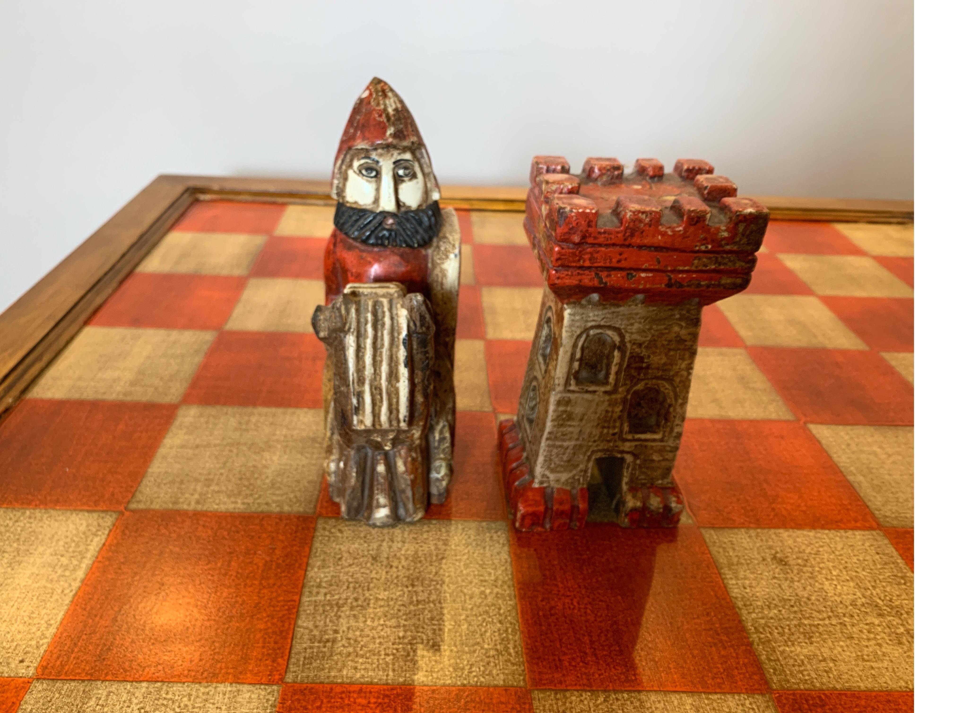 Midcentury Italian Hand Carved and Painted Medieval Style Chess Set and Table 2