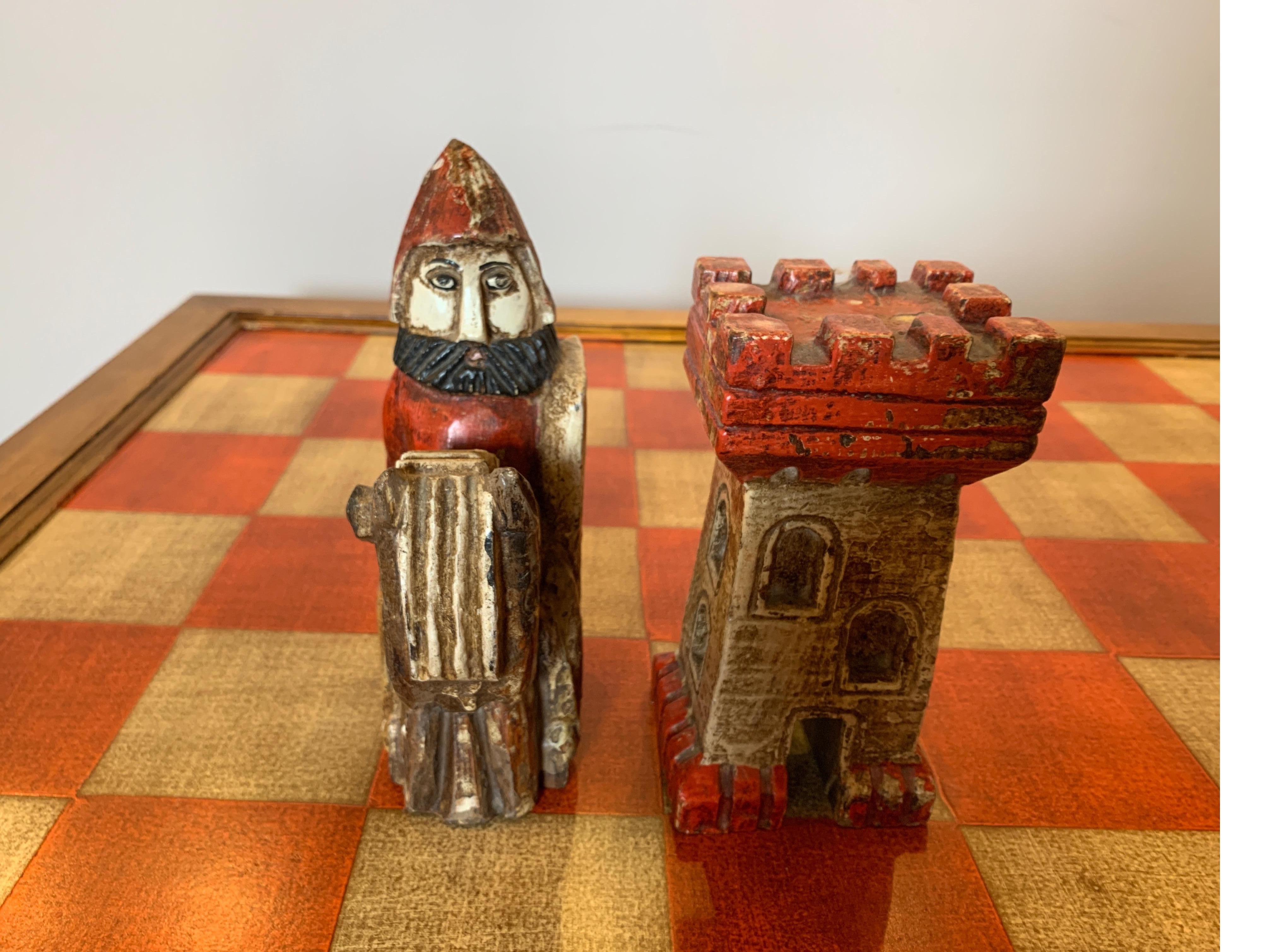 Midcentury Italian Hand Carved and Painted Medieval Style Chess Set and Table 3