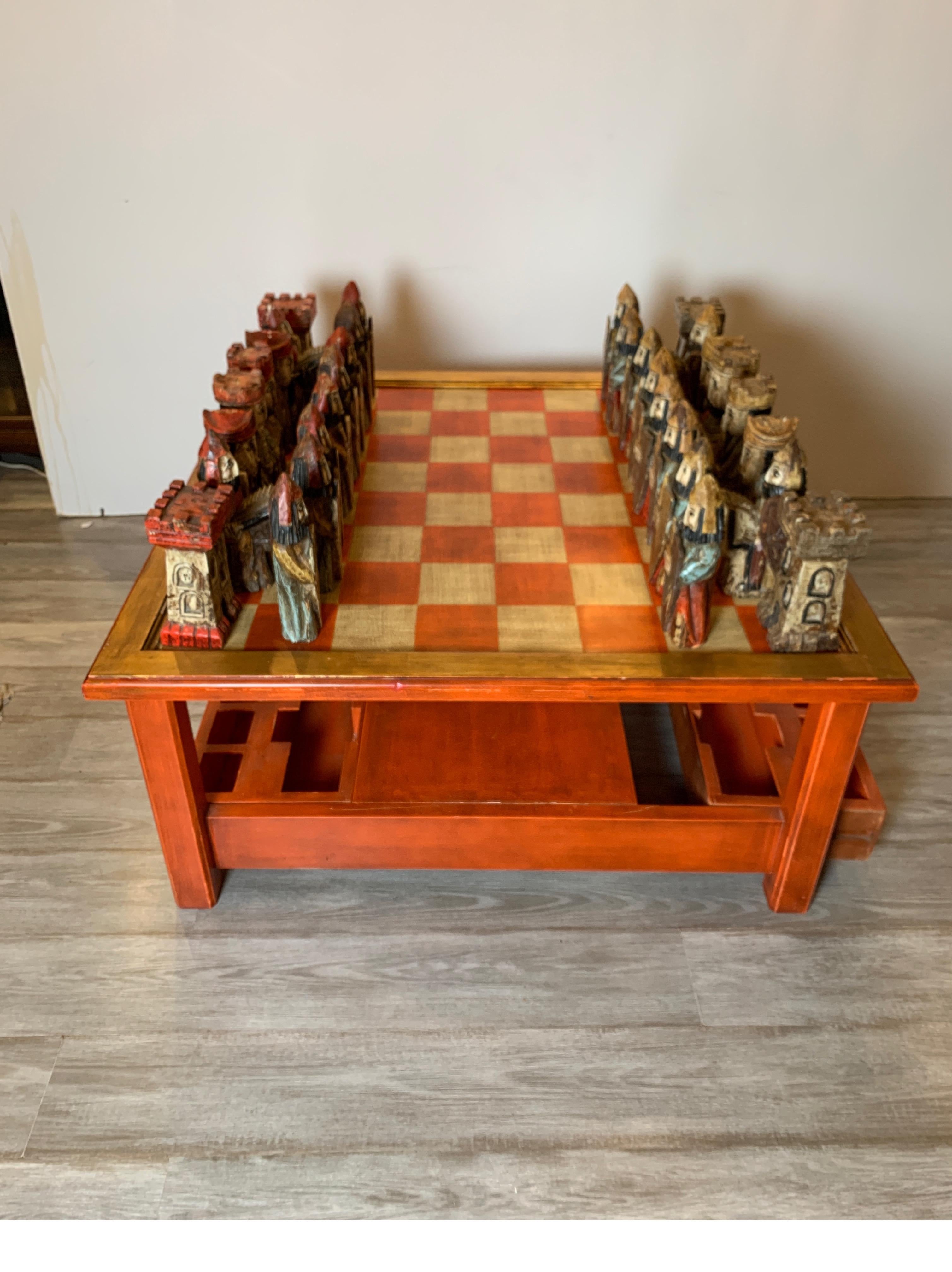 Midcentury Italian Hand Carved and Painted Medieval Style Chess Set and Table 4