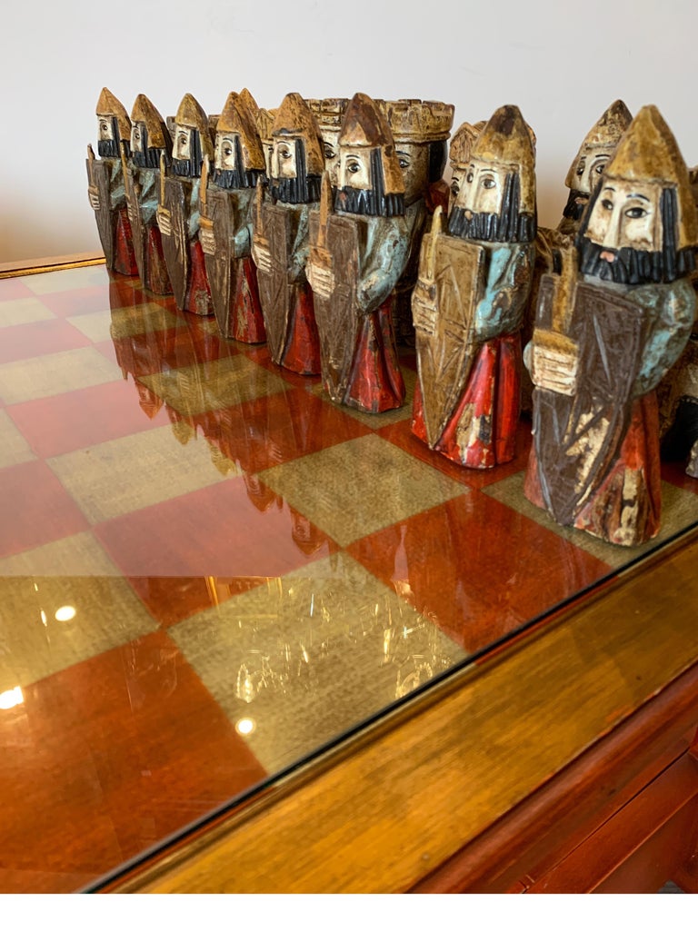 Midcentury Italian Hand Carved and Painted Medieval Style Chess Set and