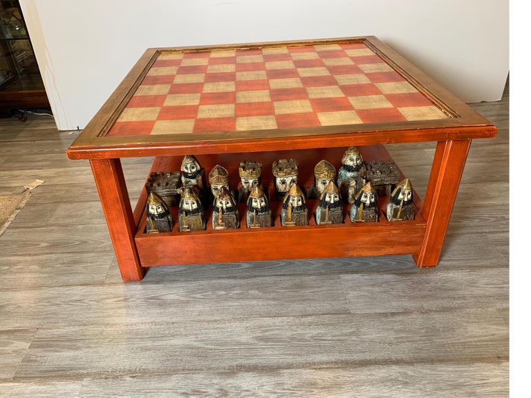 Midcentury Italian Hand Carved and Painted Medieval Style Chess Set and