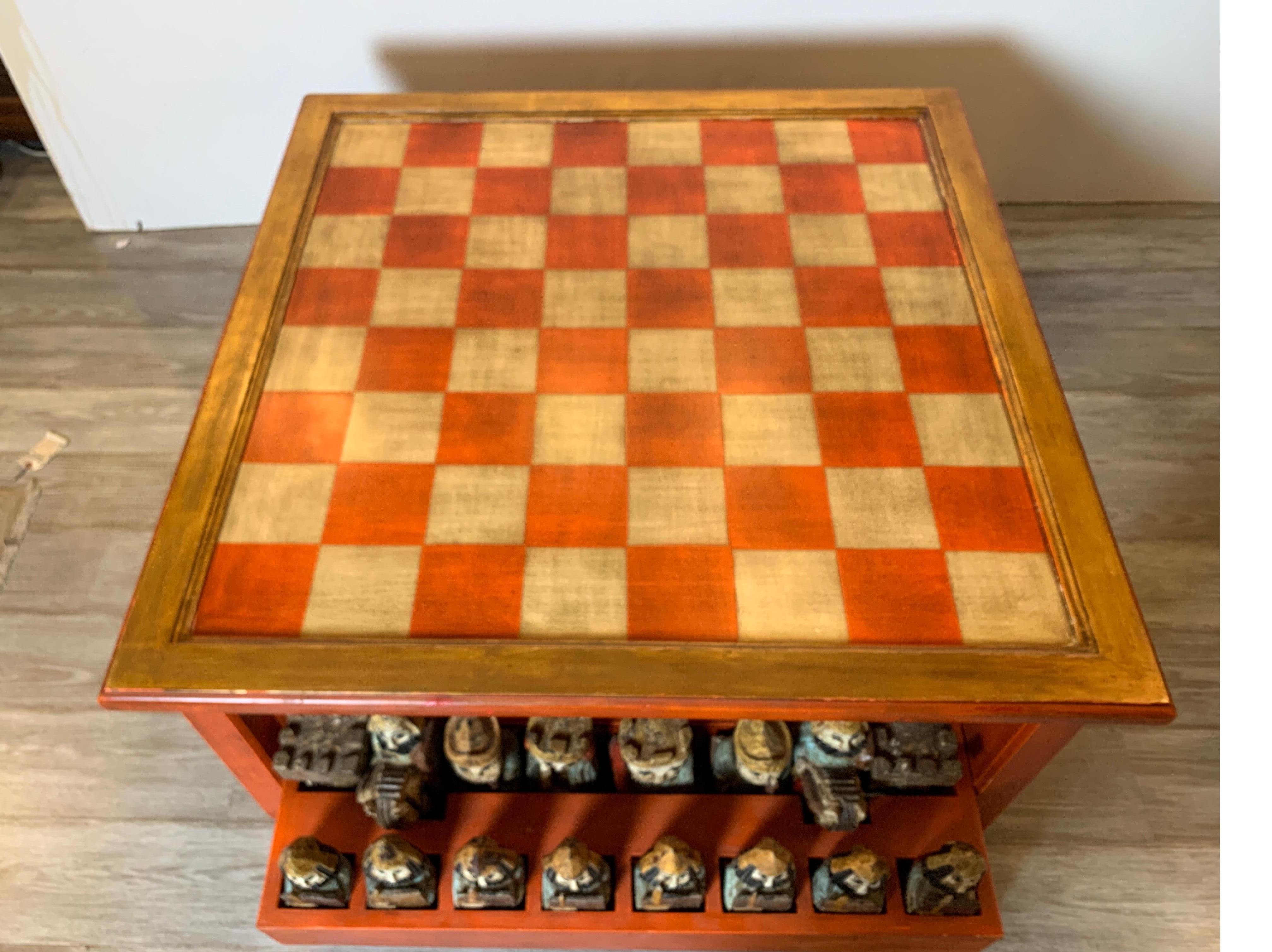Mid-20th Century Midcentury Italian Hand Carved and Painted Medieval Style Chess Set and Table