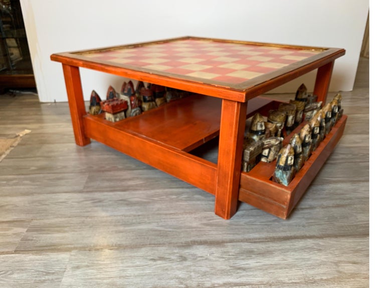 Midcentury Italian Hand Carved and Painted Medieval Style Chess Set and