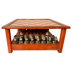 Vintage Midcentury Italian Hand Carved and Painted Medieval Style Chess Set and Table