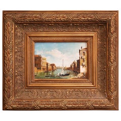 Midcentury Italian Harbor Scene Oil Painting in Gilt Frame Signed