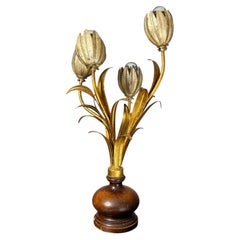 Midcentury Italian Hollywood Regency Gilt Metal Tulip Table Lamp on Turned Wood