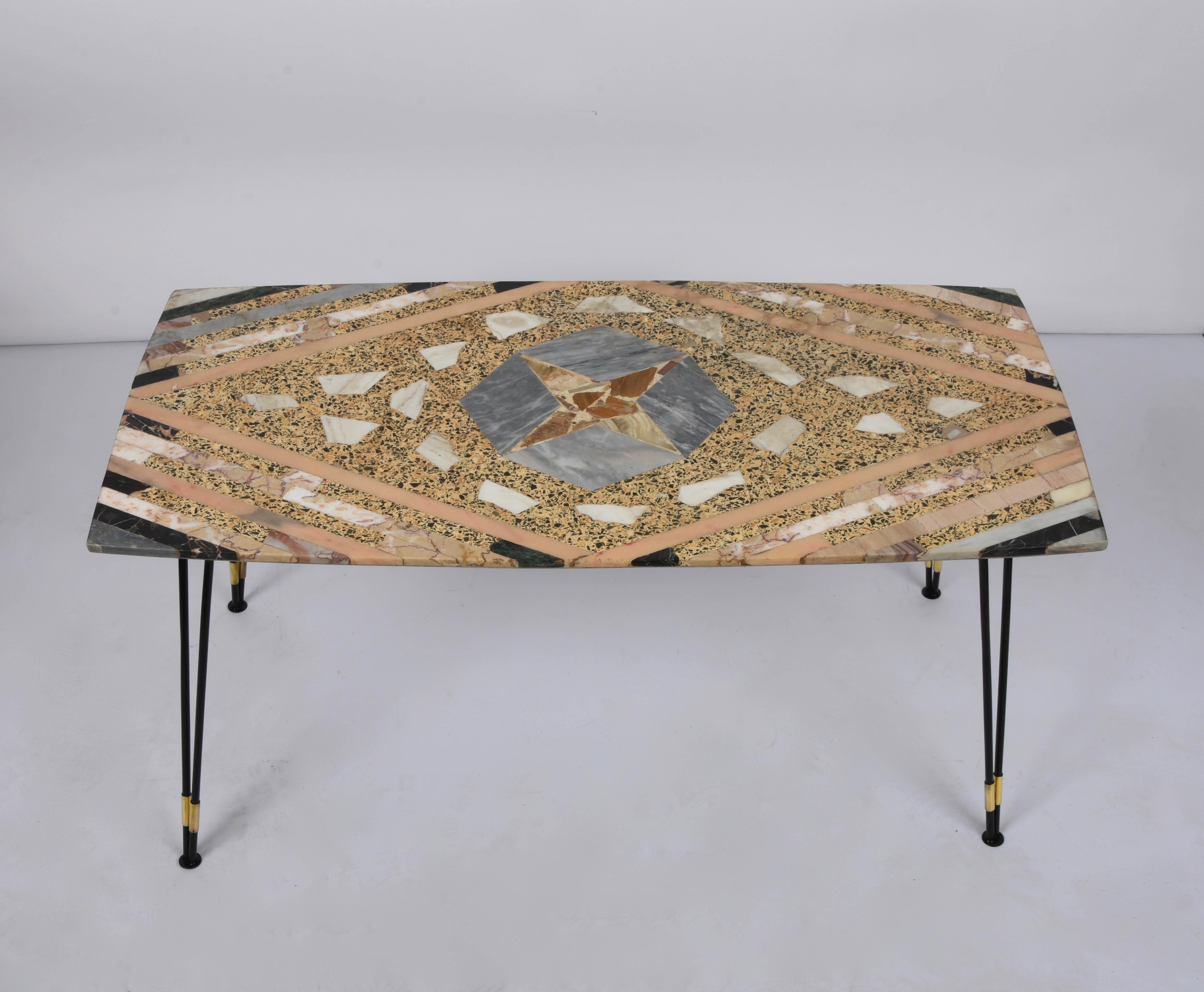 Midcentury Italian Inlaid Marble Coffee Table with Metal and Brass Finish, 1950s 5