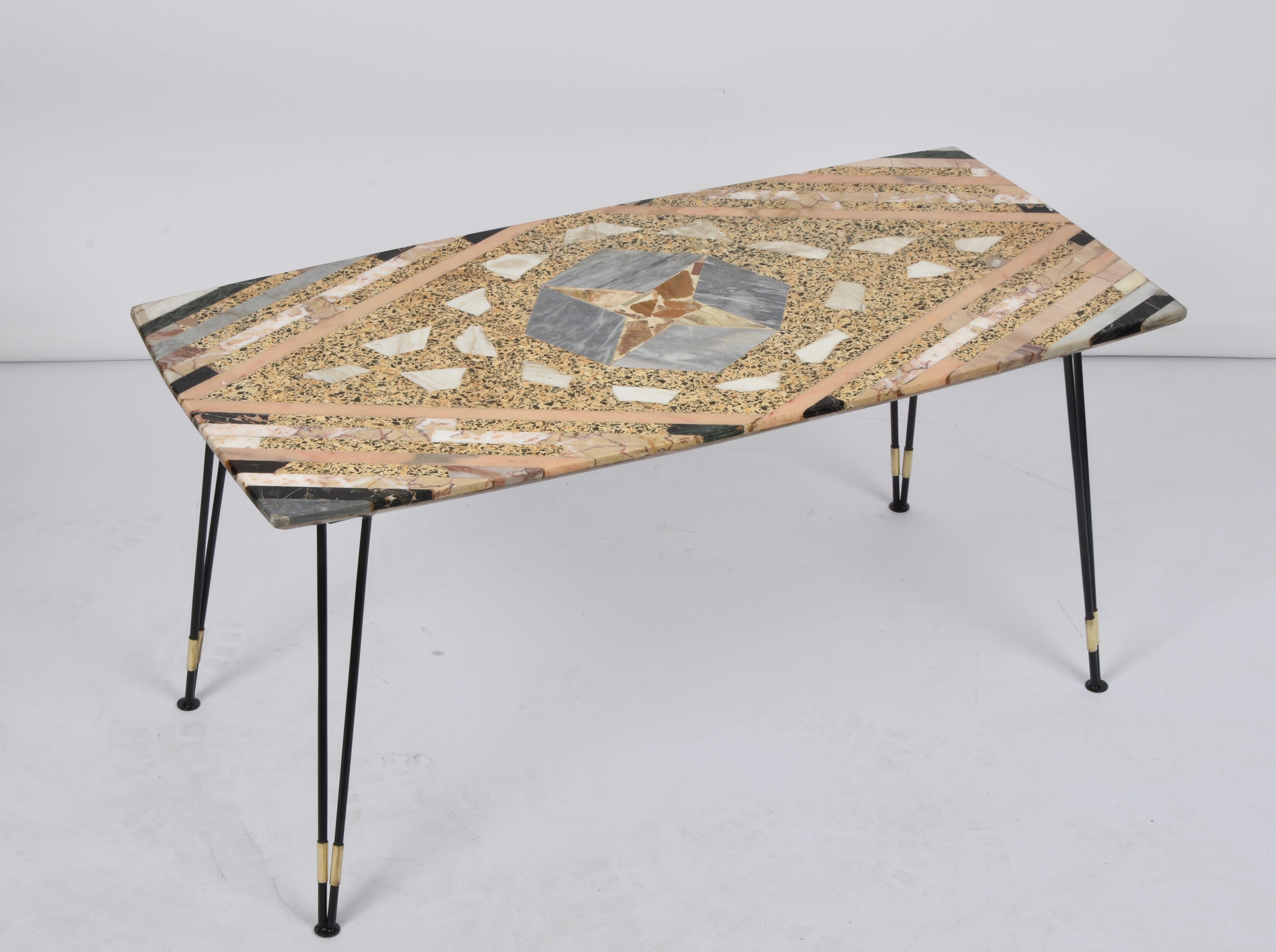 Midcentury Italian Inlaid Marble Coffee Table with Metal and Brass Finish, 1950s 6