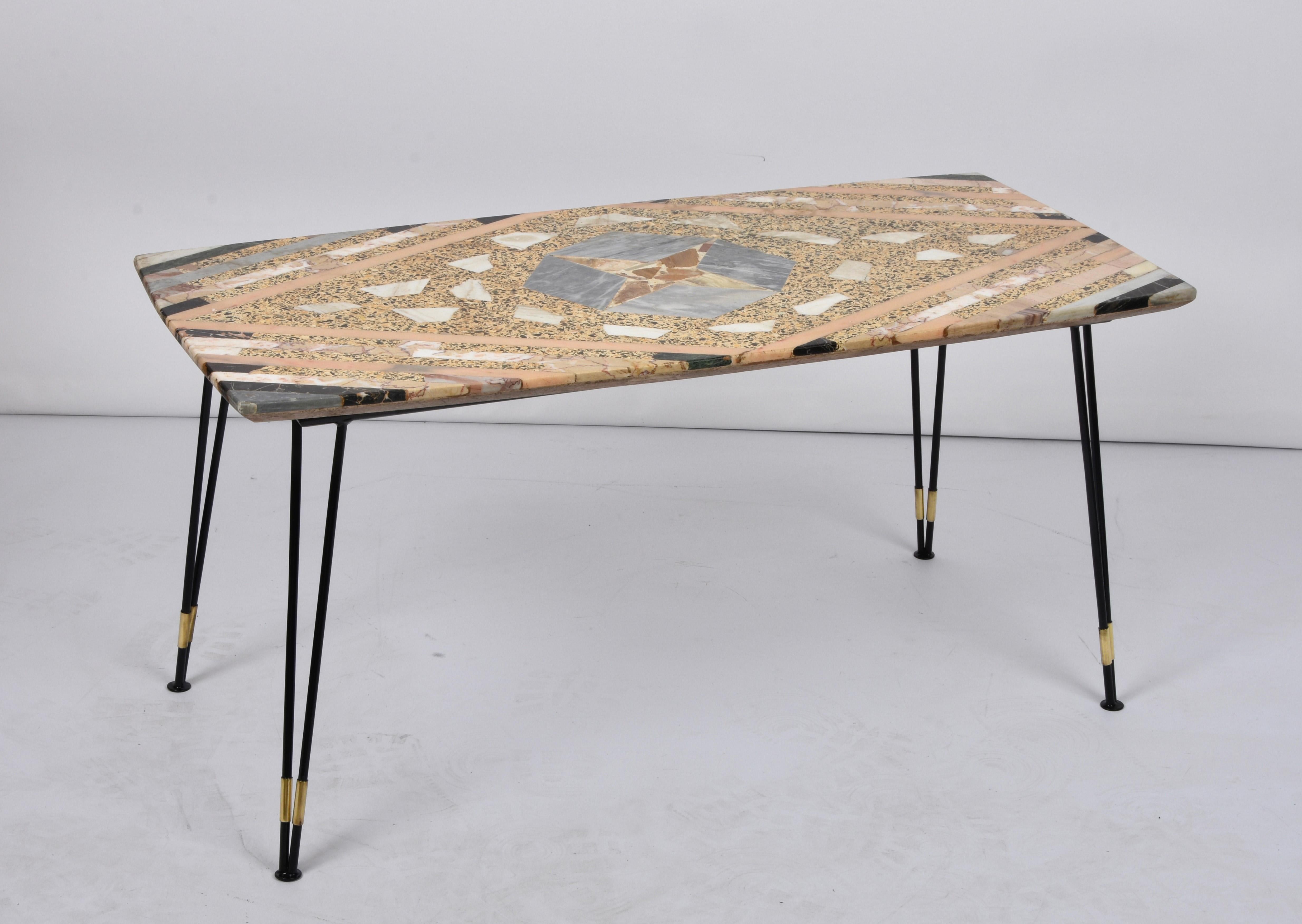 Midcentury Italian Inlaid Marble Coffee Table with Metal and Brass Finish, 1950s 7