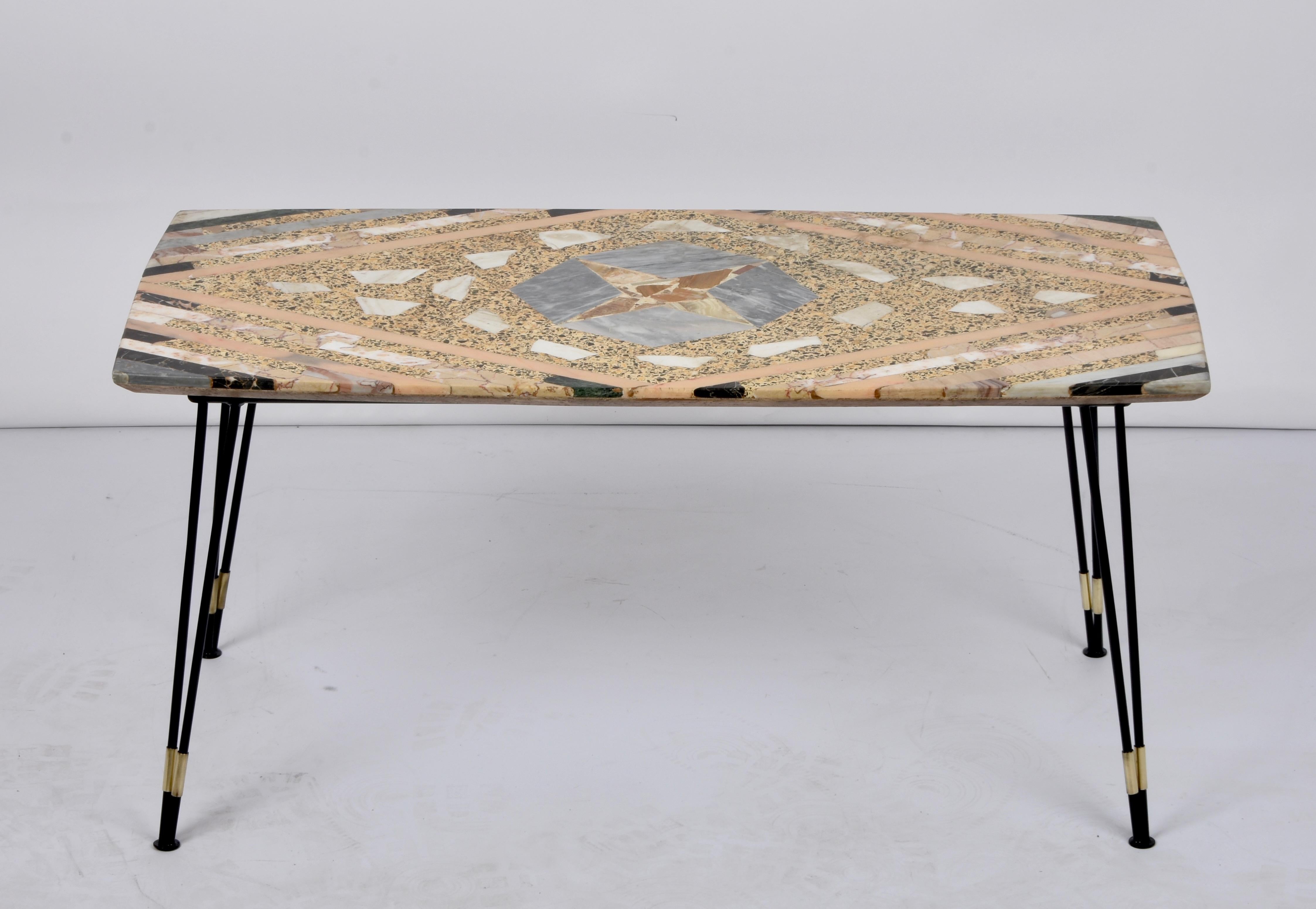 Midcentury Italian Inlaid Marble Coffee Table with Metal and Brass Finish, 1950s 10