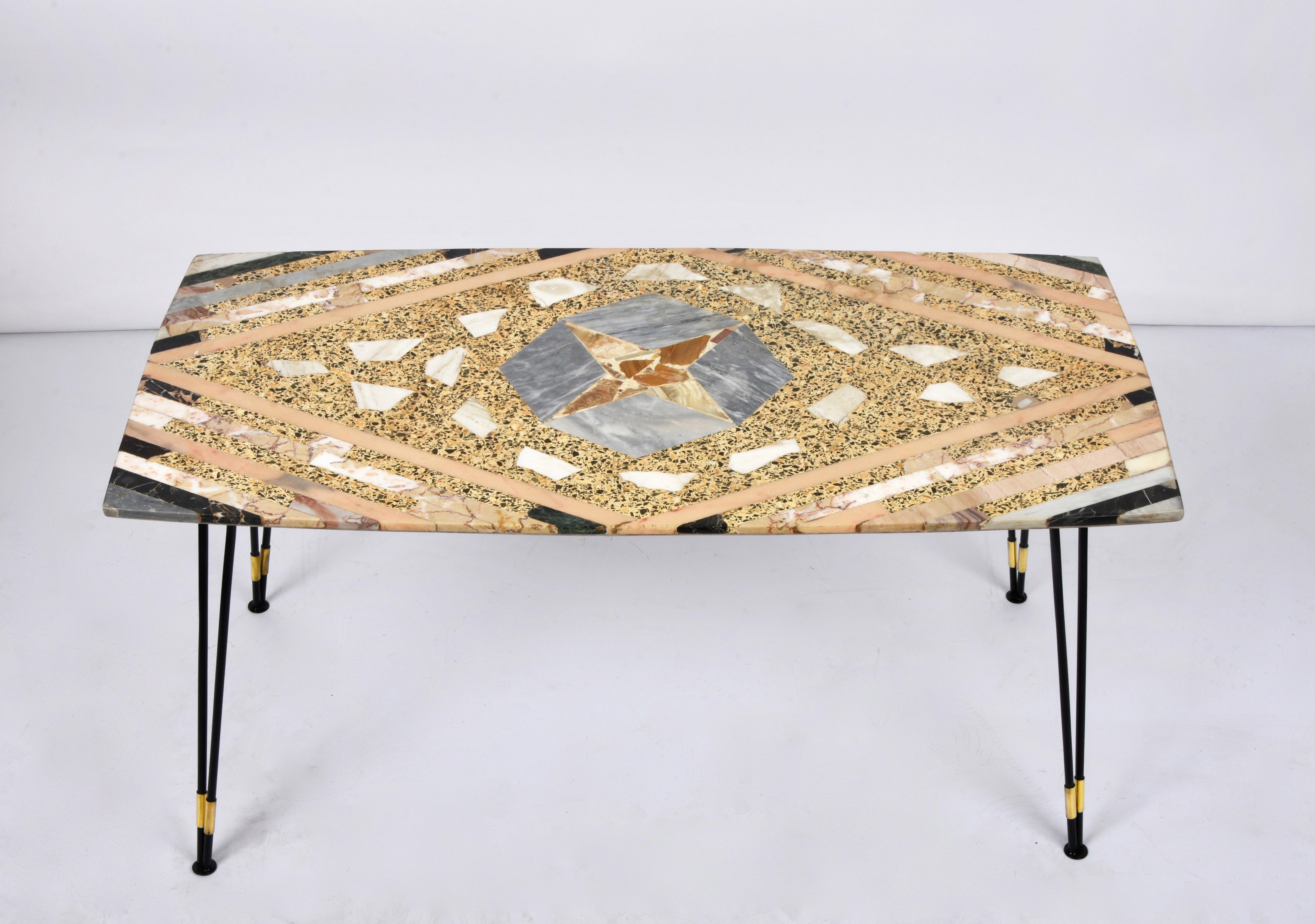 Mid-Century Modern Midcentury Italian Inlaid Marble Coffee Table with Metal and Brass Finish, 1950s