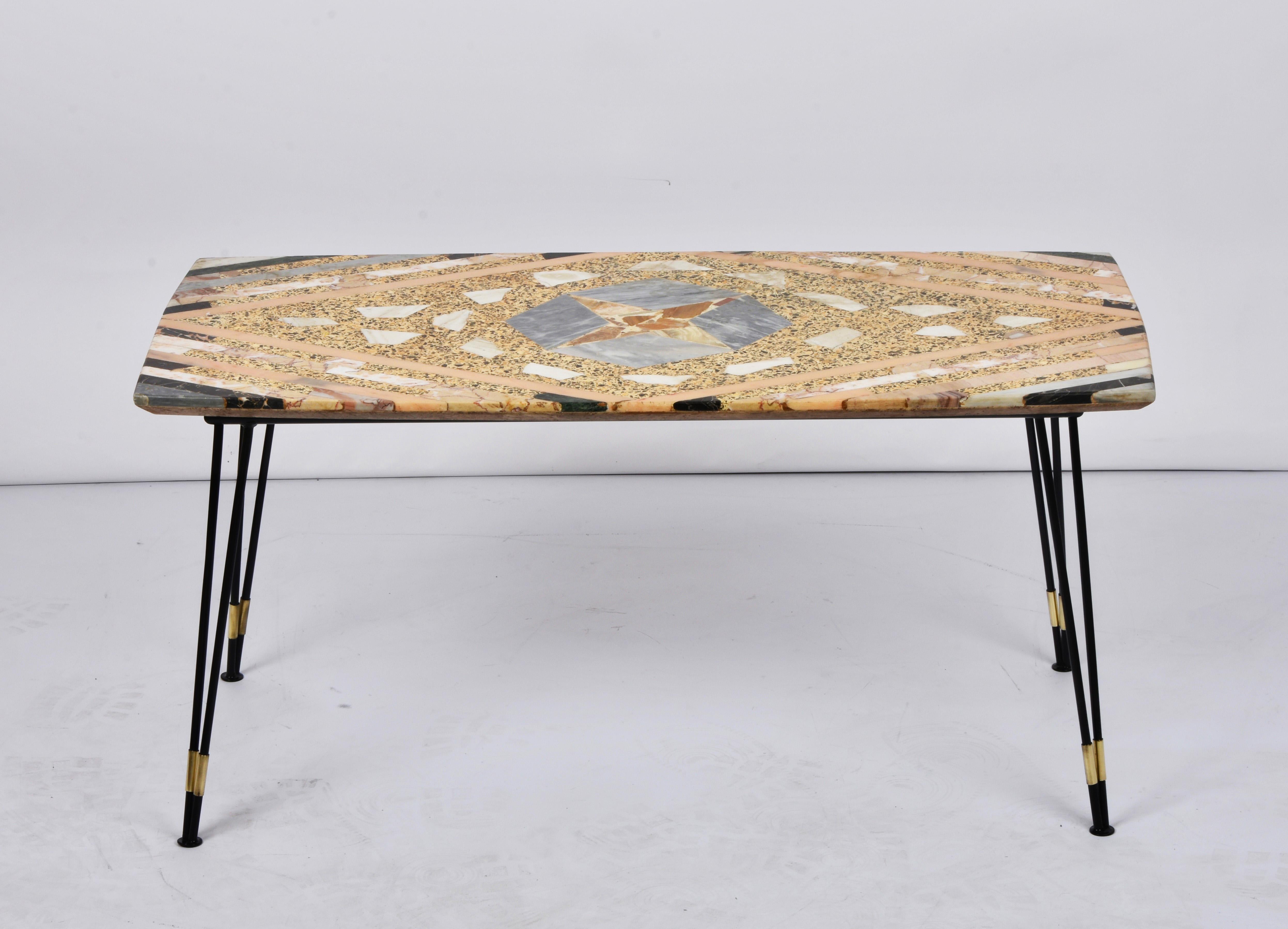 Lacquered Midcentury Italian Inlaid Marble Coffee Table with Metal and Brass Finish, 1950s