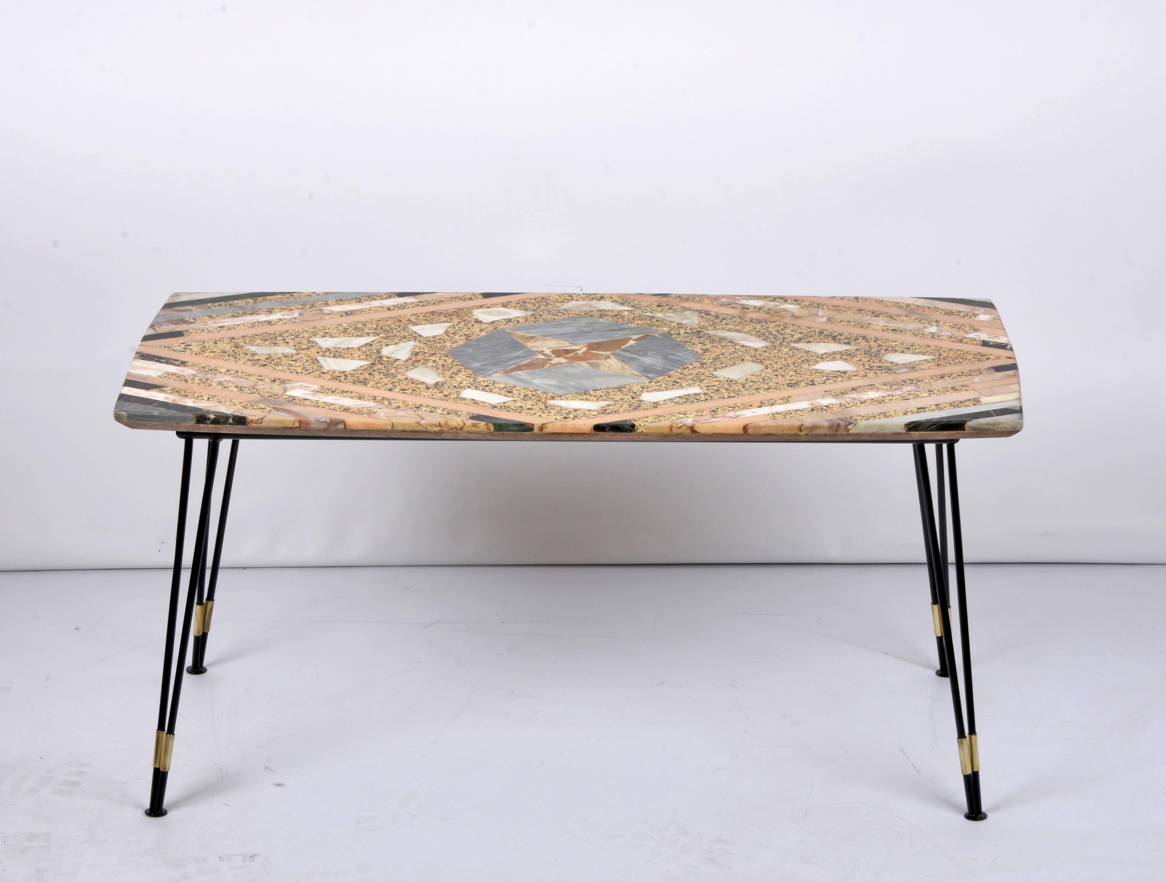 Midcentury Italian Inlaid Marble Coffee Table with Metal and Brass Finish, 1950s 4