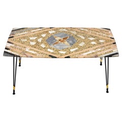 Midcentury Italian Inlaid Marble Coffee Table with Metal and Brass Finish, 1950s