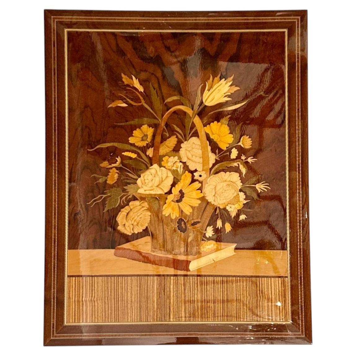 Midcentury Italian Inlaid Wood Floral Wall Panel Decoration