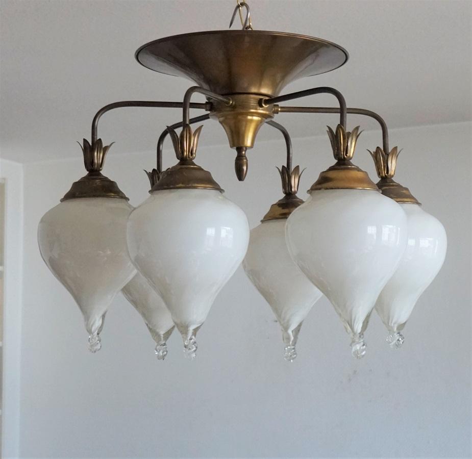 A Large hand blown Murano glass and brass flush mount or chandelier, six arm with large drop shape globes, Italy 1960s - impressive lighting effect!
The glass globes are in very good condition, brass with some wear, rewired.
Measures:
Diameter 26
