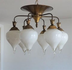 Midcentury Italian Large Hand Blown Murano Glass Brass Flush Mount or Chandelier