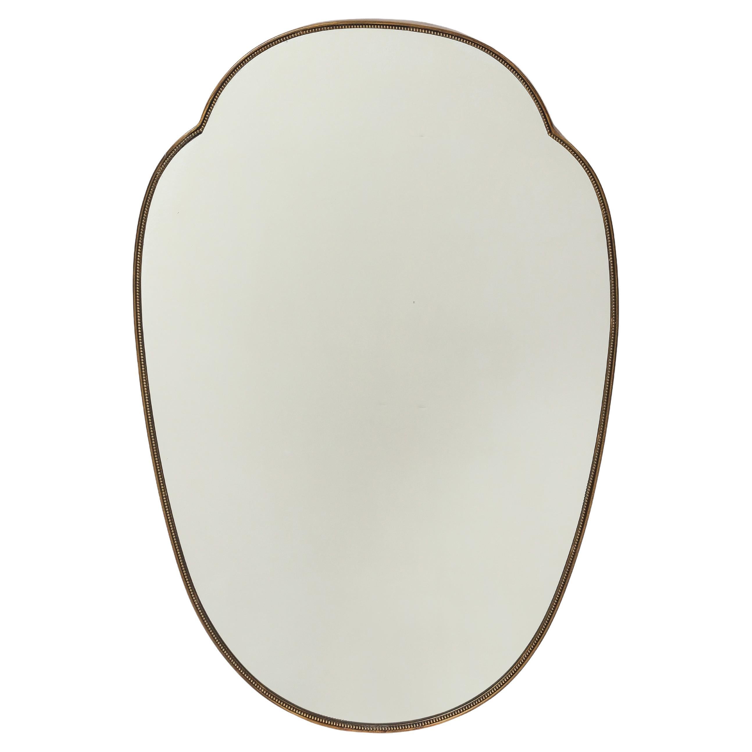 Midcentury Italian Large Shield Shaped Beaded Brass Wall Mirror, 1950s For Sale