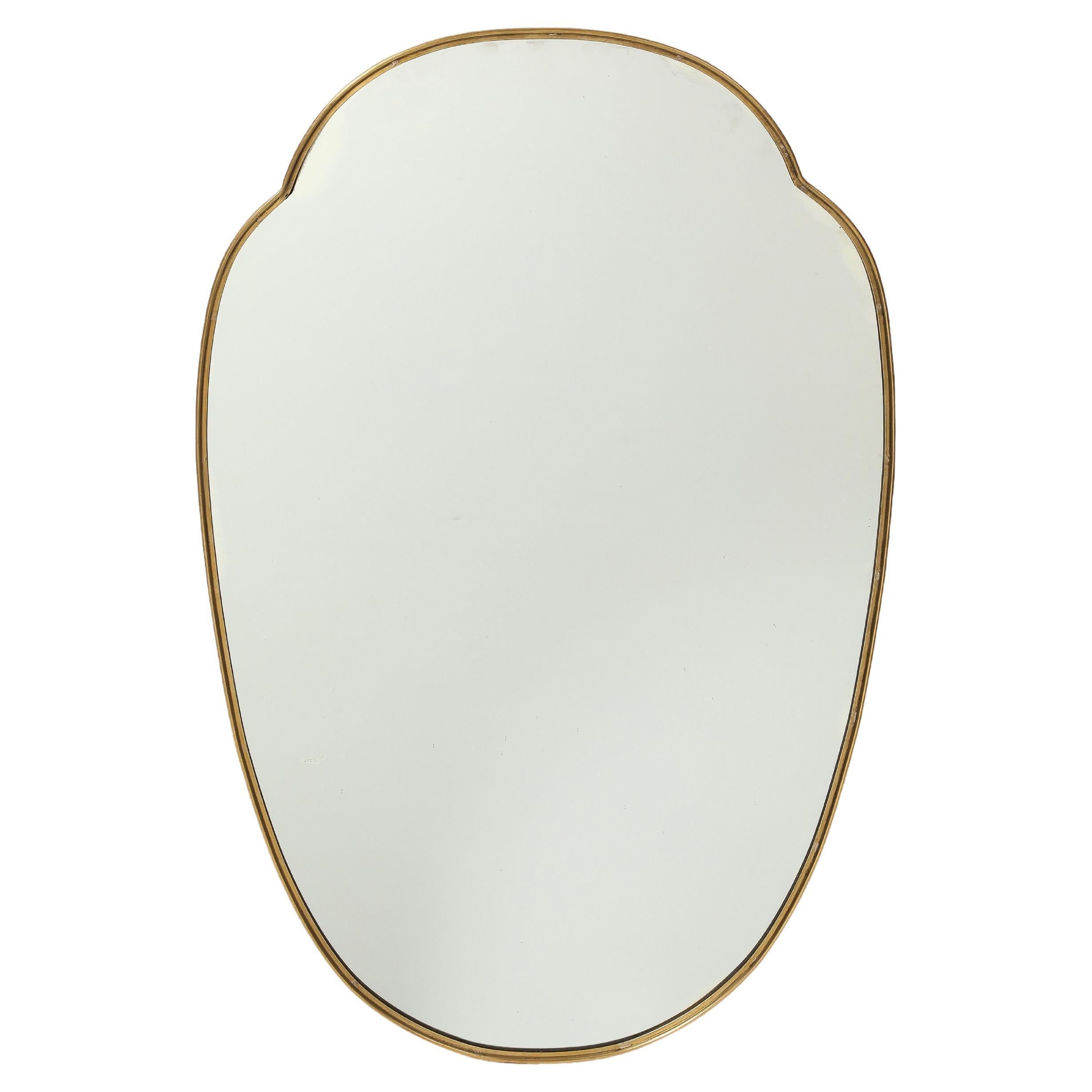 Midcentury Italian Large Shield Shaped Brass Wall Mirror, 1950s