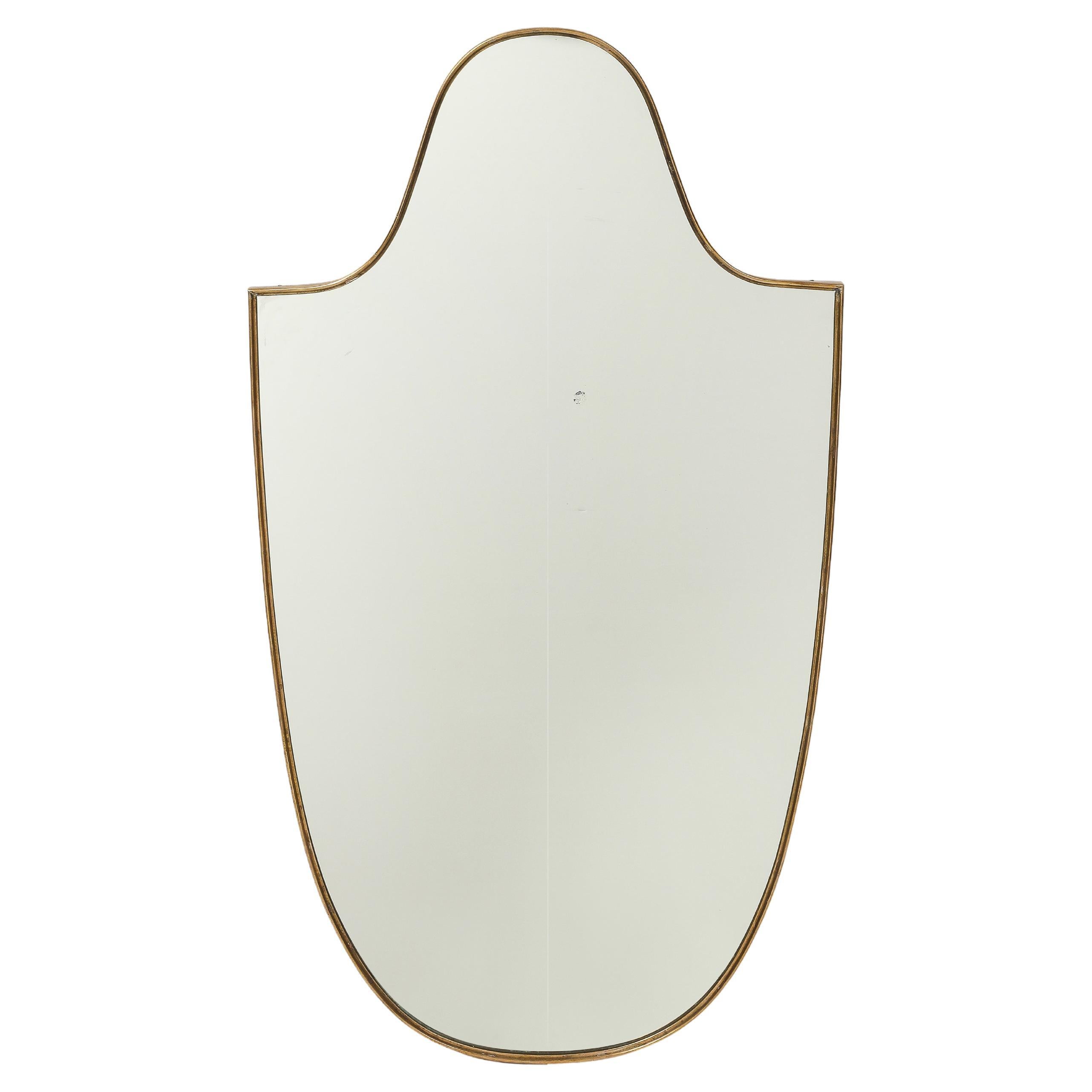 Midcentury Italian Large Shield Shaped Brass Wall Mirror, 1950s