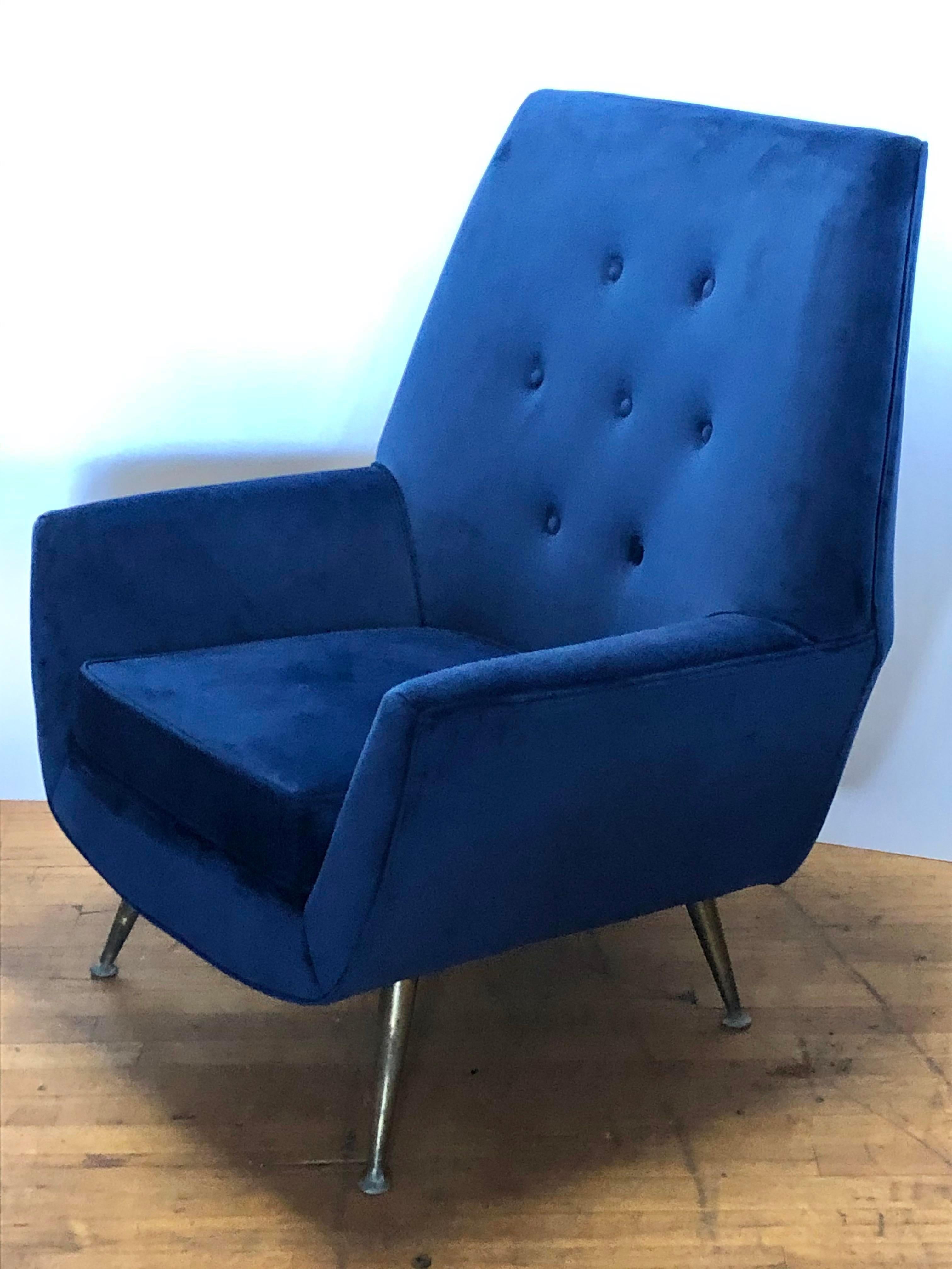 Midcentury Italian lounge chair with brass legs and new velvet upholstery.