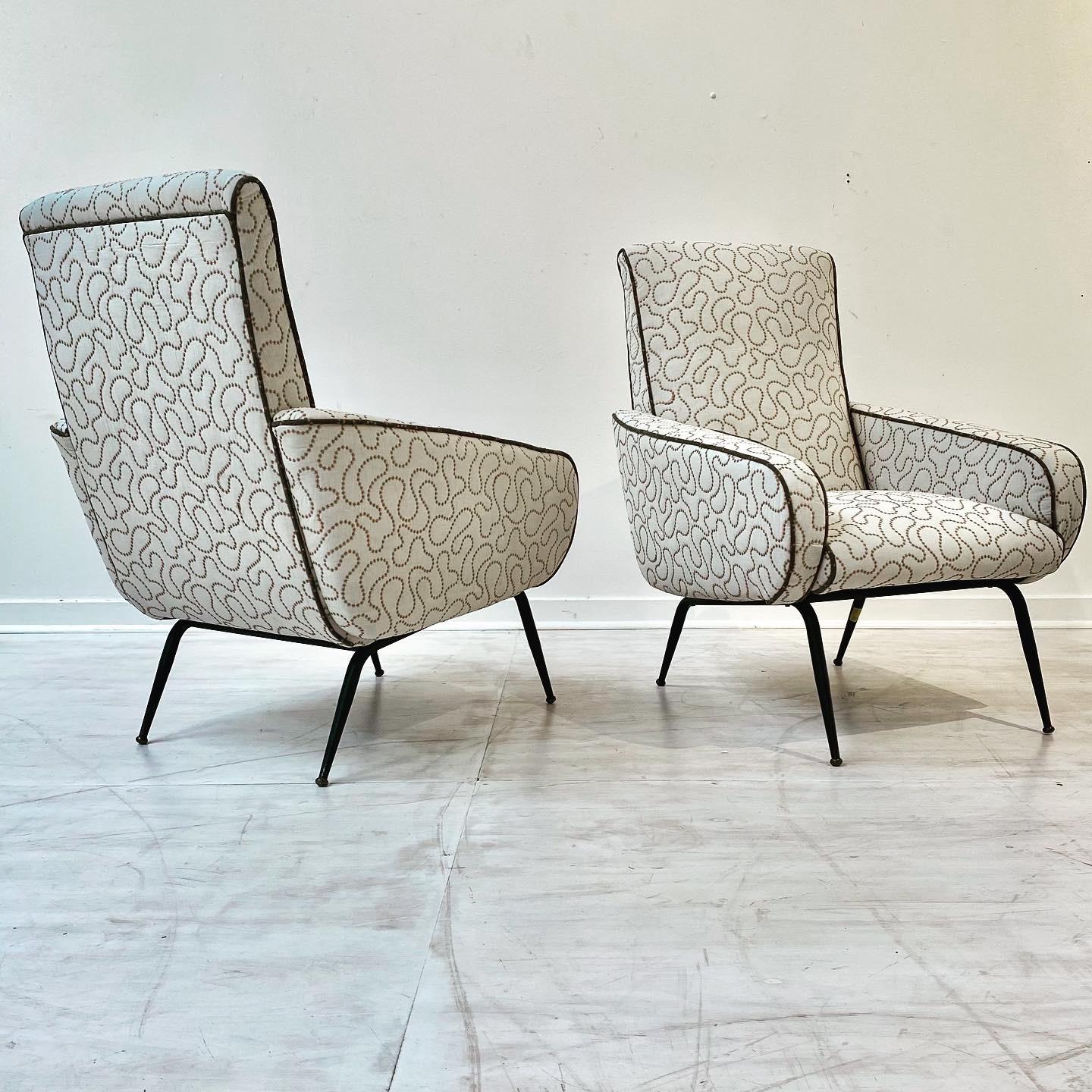 Midcentury Italian lounge chairs with new upholstery.