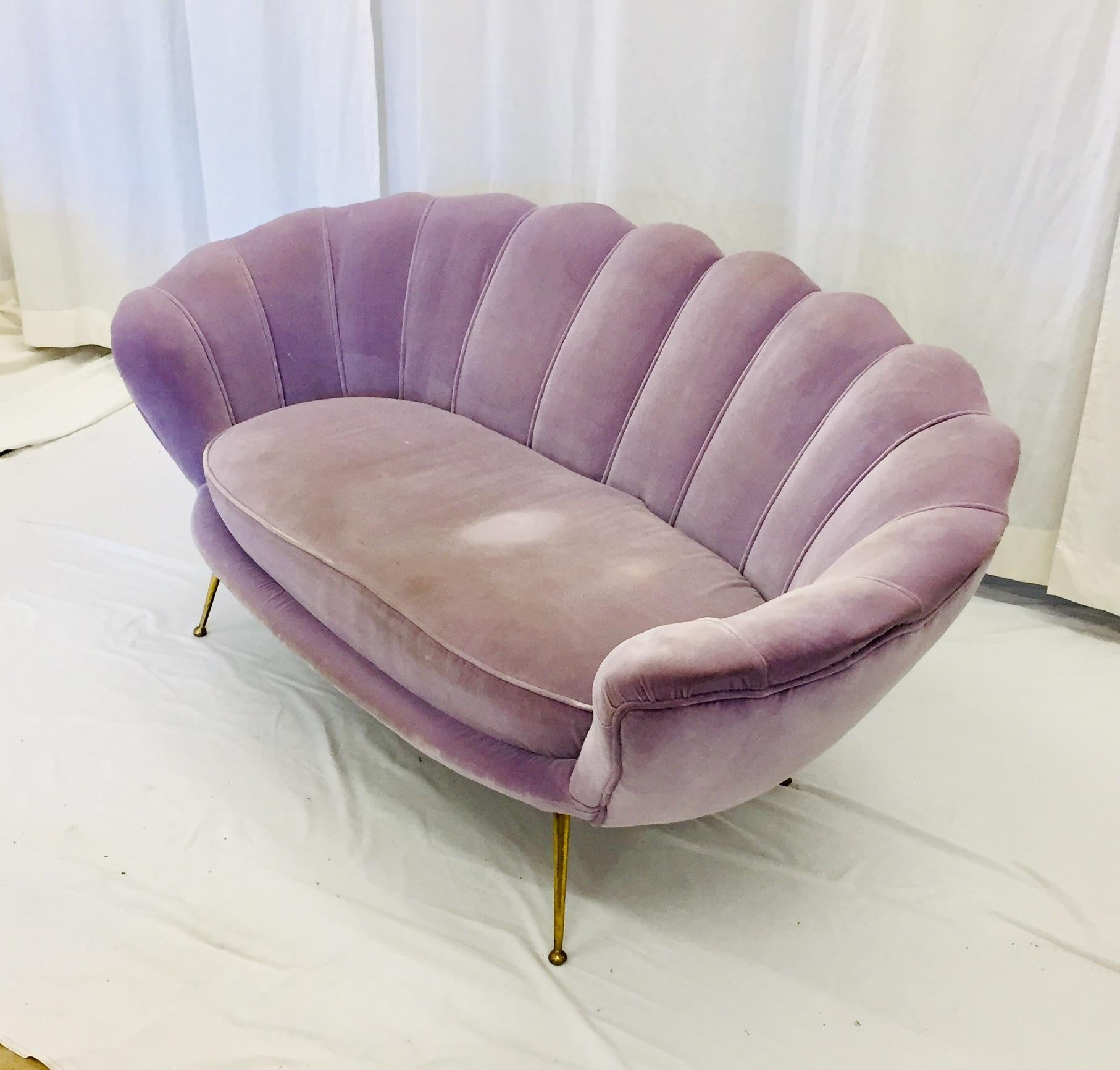 Midcentury ETRA Italian Loveseat Light Purple Velvet Sofa Style of Marco Zanuso For Sale 4