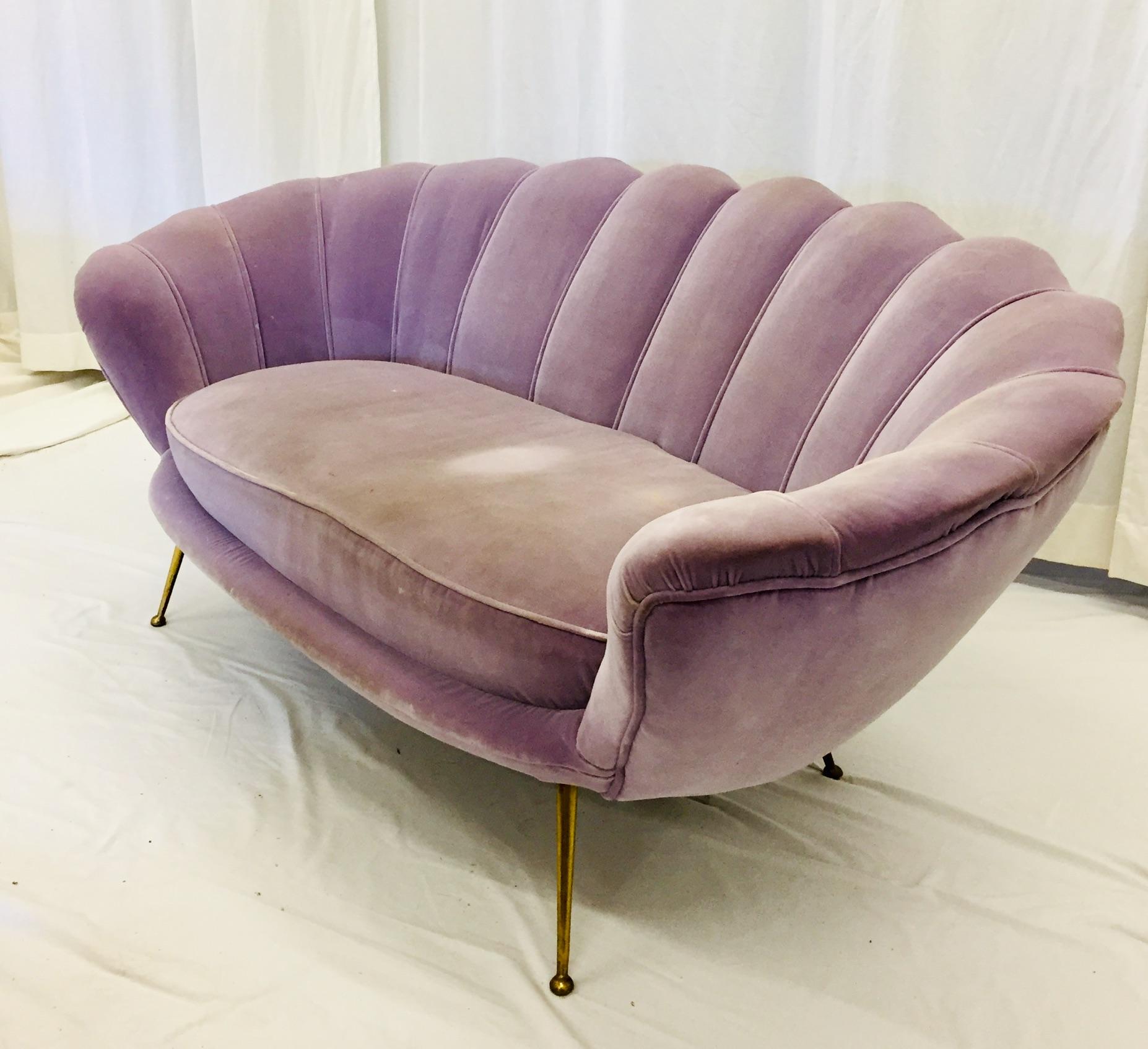 Late 20th Century Midcentury ETRA Italian Loveseat Light Purple Velvet Sofa Style of Marco Zanuso For Sale