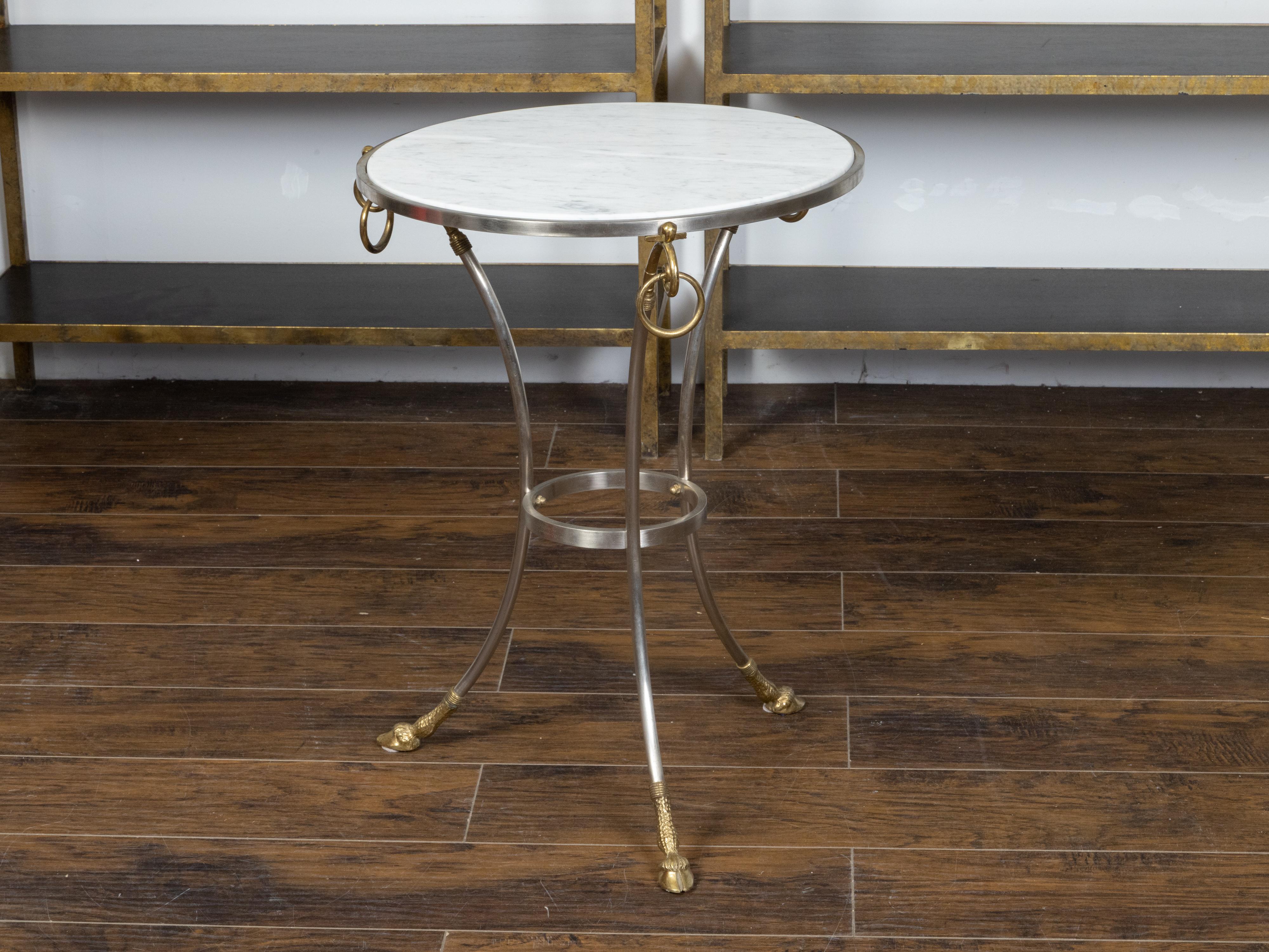 Midcentury Italian Maison Jansen Style Steel and Brass Table with Marble Top In Good Condition For Sale In Atlanta, GA