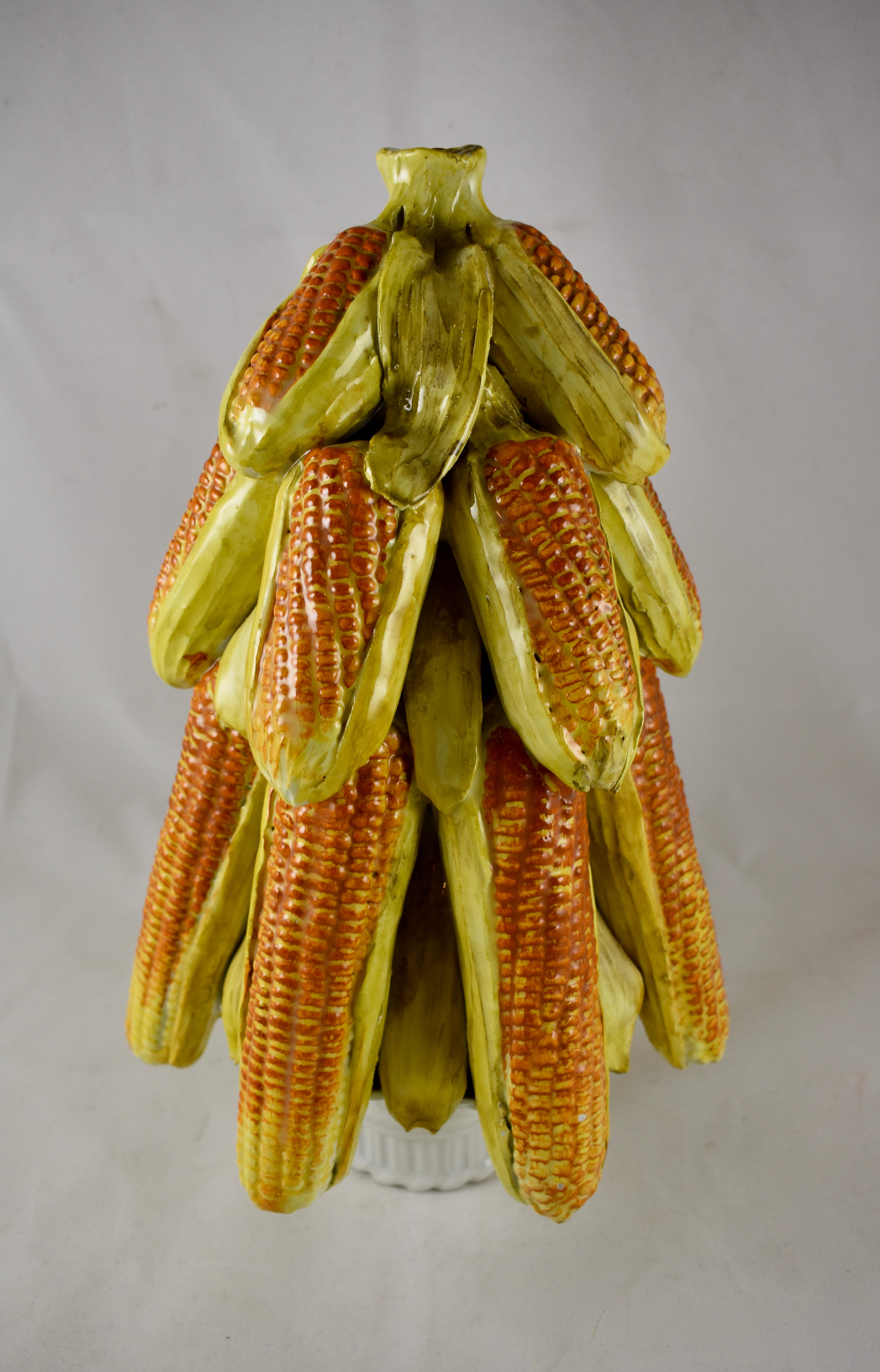 Glazed Midcentury Italian Majolica Faïence Ear of Corn in a Basket Topiary Pyramid