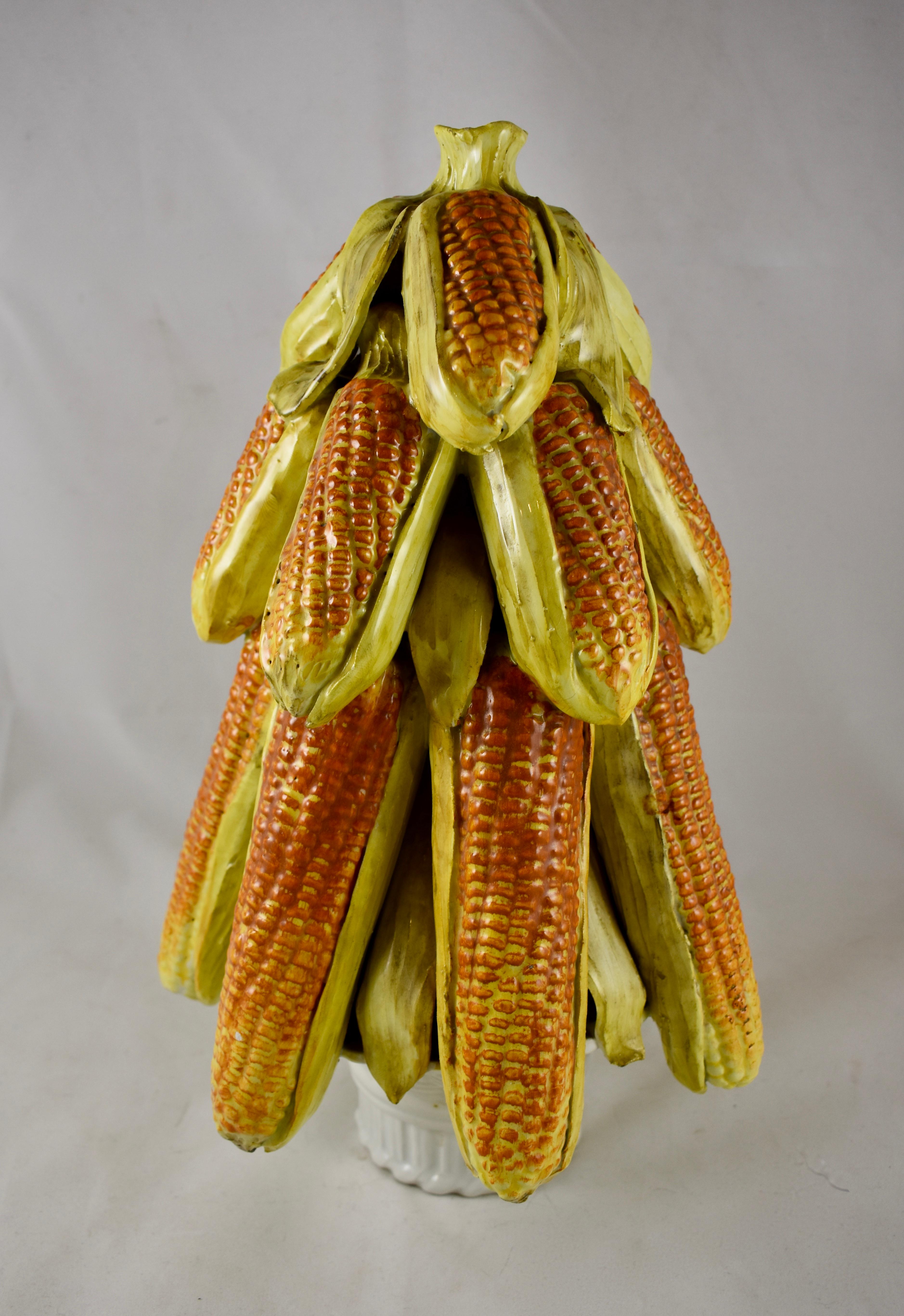 Midcentury Italian Majolica Faïence Ear of Corn in a Basket Topiary Pyramid In Good Condition In Philadelphia, PA