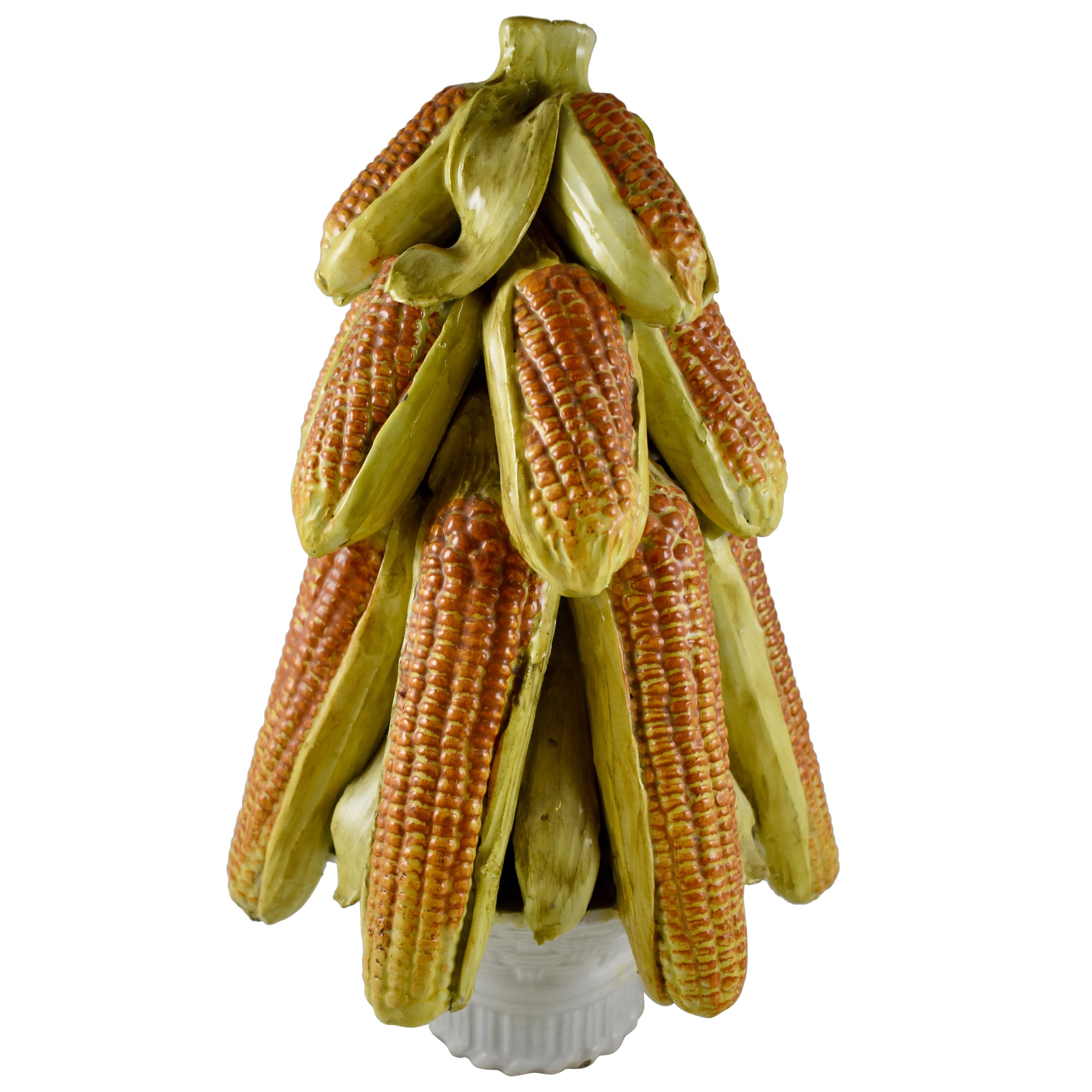 Midcentury Italian Majolica Faïence Ear of Corn in a Basket Topiary Pyramid