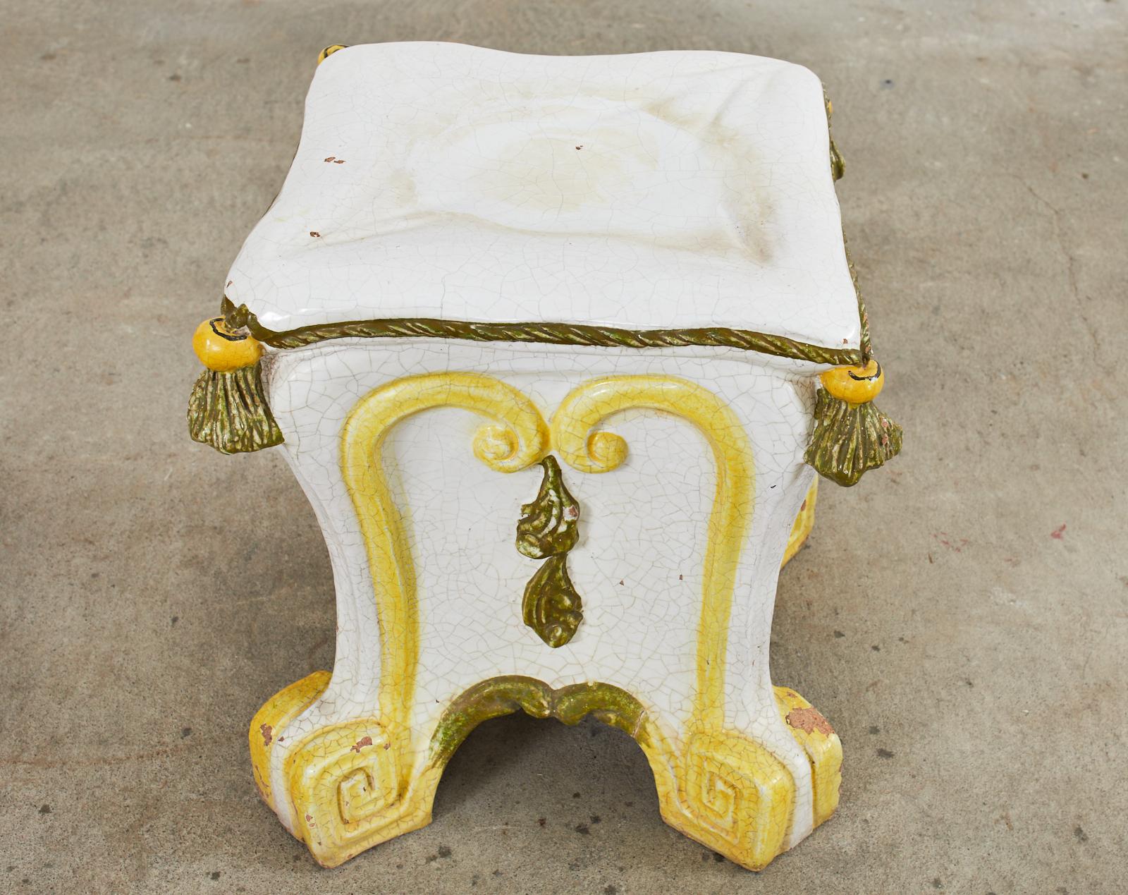 Midcentury Italian Majolica Neoclassical Style Garden Seat Stool In Distressed Condition For Sale In Rio Vista, CA