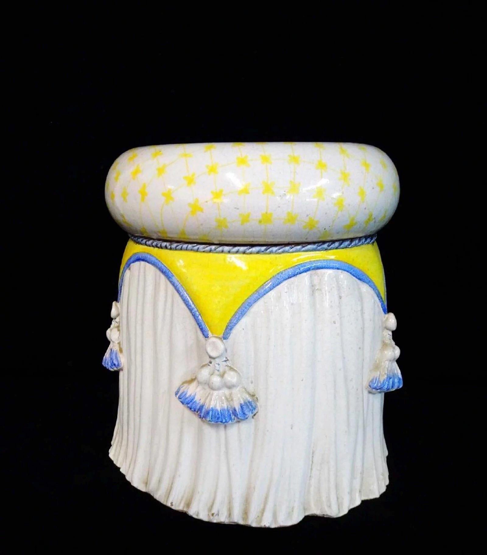 Mid-Century Modern Midcentury Italian Majolica Porcelain Trompe l'Oeil Blue and Yellow Garden Stool