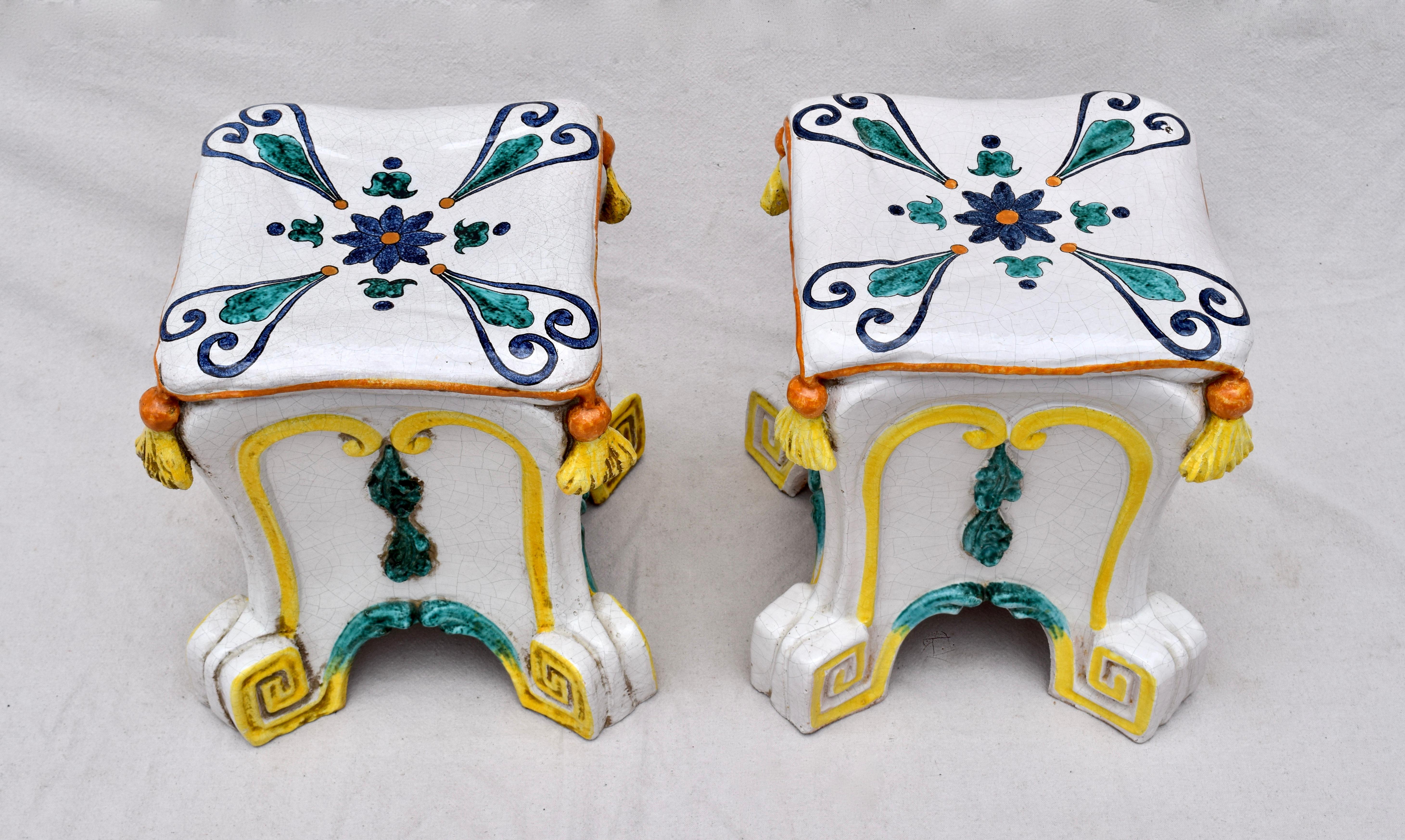 Midcentury Italian Majolica Terracotta Ceramic Garden Stools, Pair In Good Condition In Southampton, NJ