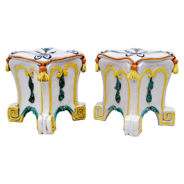 Midcentury Italian Majolica Terracotta Ceramic Garden Stools, Pair at ...
