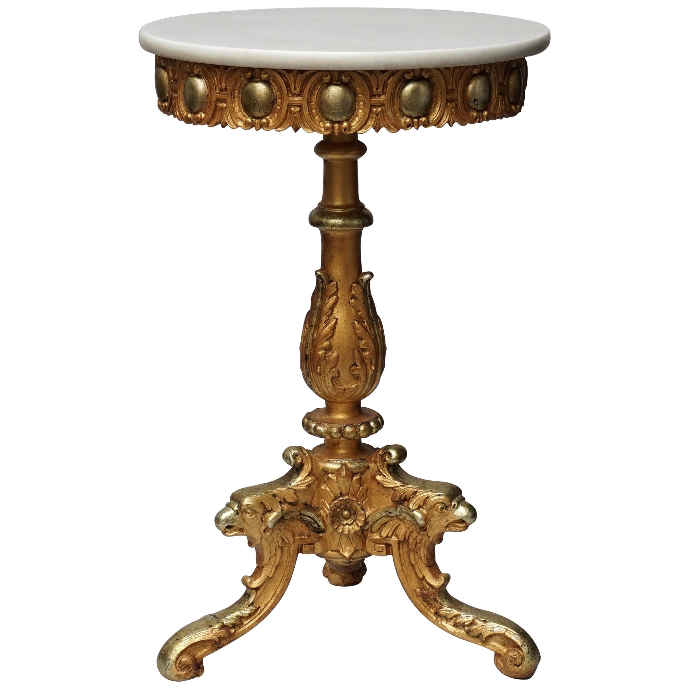Midcentury Italian Marble-Top and Carved Giltwood Tripod Eagle Head Gueridon