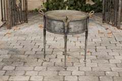 Midcentury Italian Metal and Brass Circular Side Table with Swan Necks and Doors