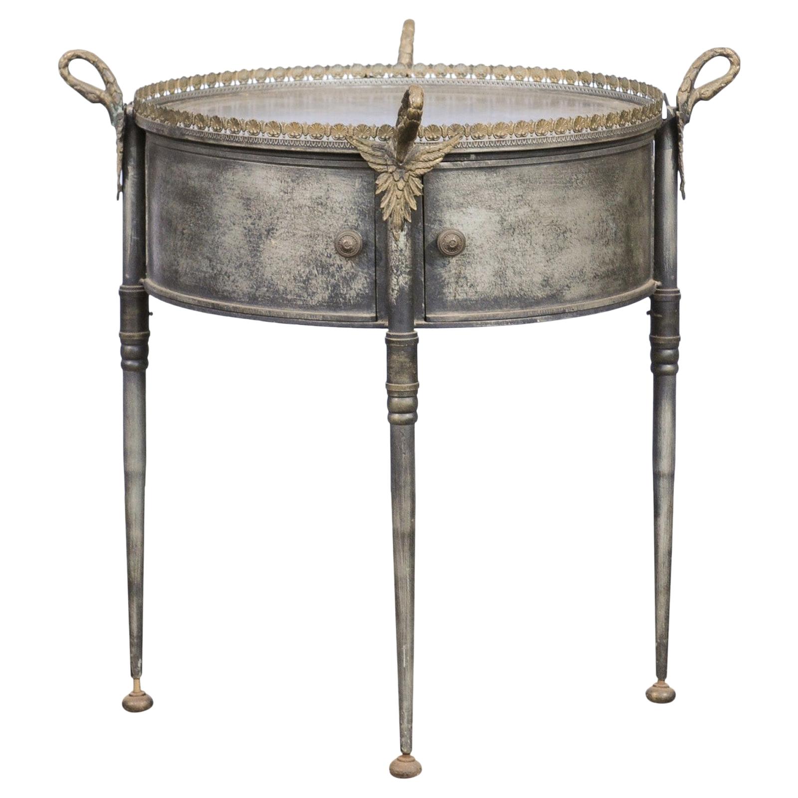 Midcentury Italian Metal and Brass Circular Side Table with Swan Necks and Doors