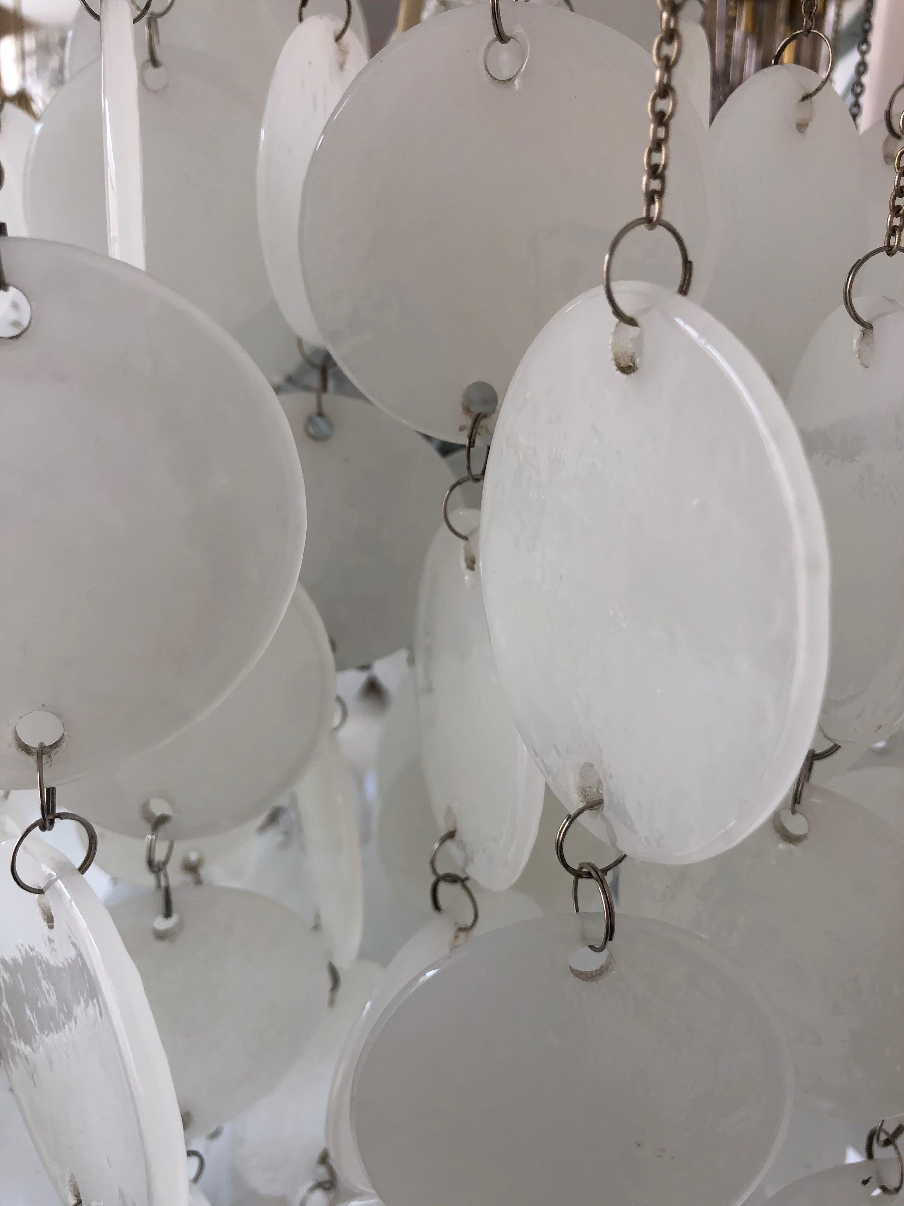 Metal Midcentury Italian Milk Discs Murano Glass Chandelier, 1960s