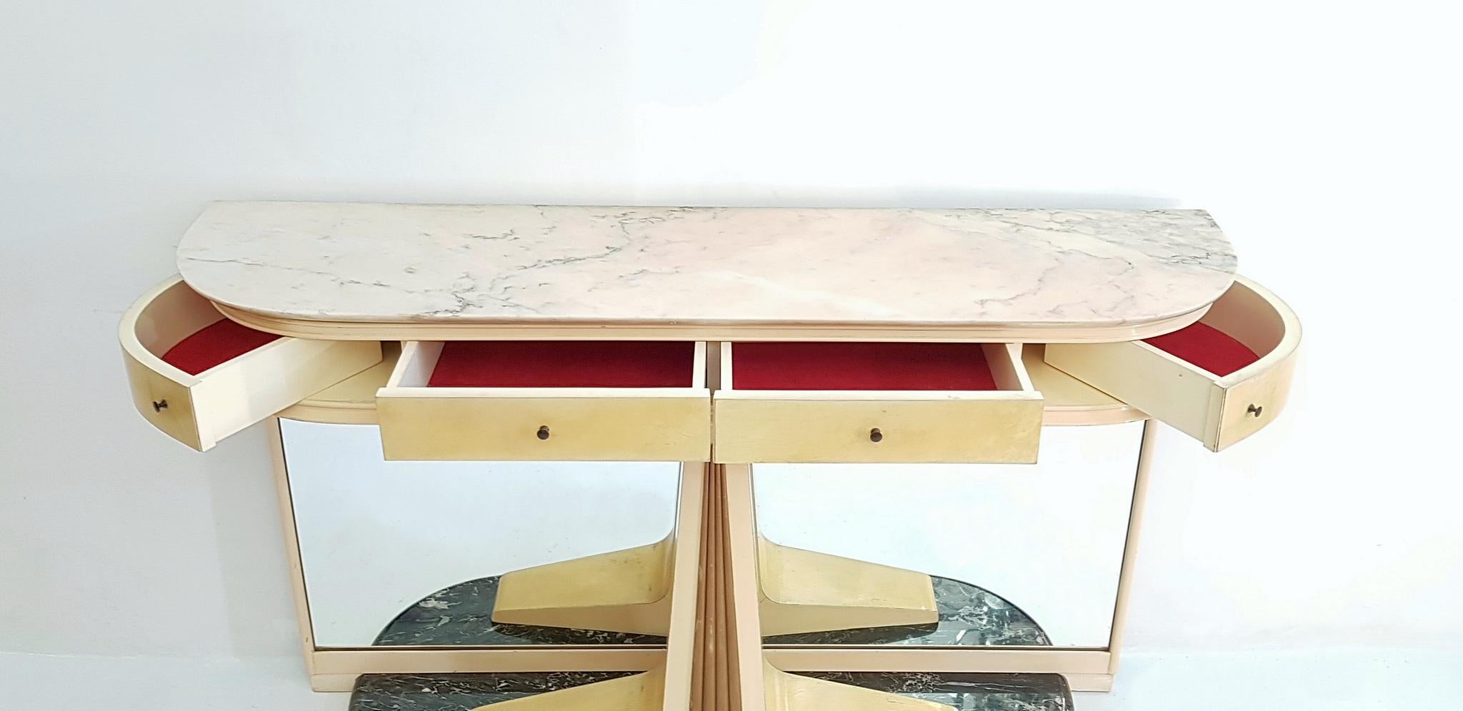 Significant lacquered parchment and marble console table made in Cantu, Italy in 1959. Cantú was for a long time a center for furniture production of importance designed by great designers such as Gio Ponti, Paolo Buffa and Ico Parisi to name a