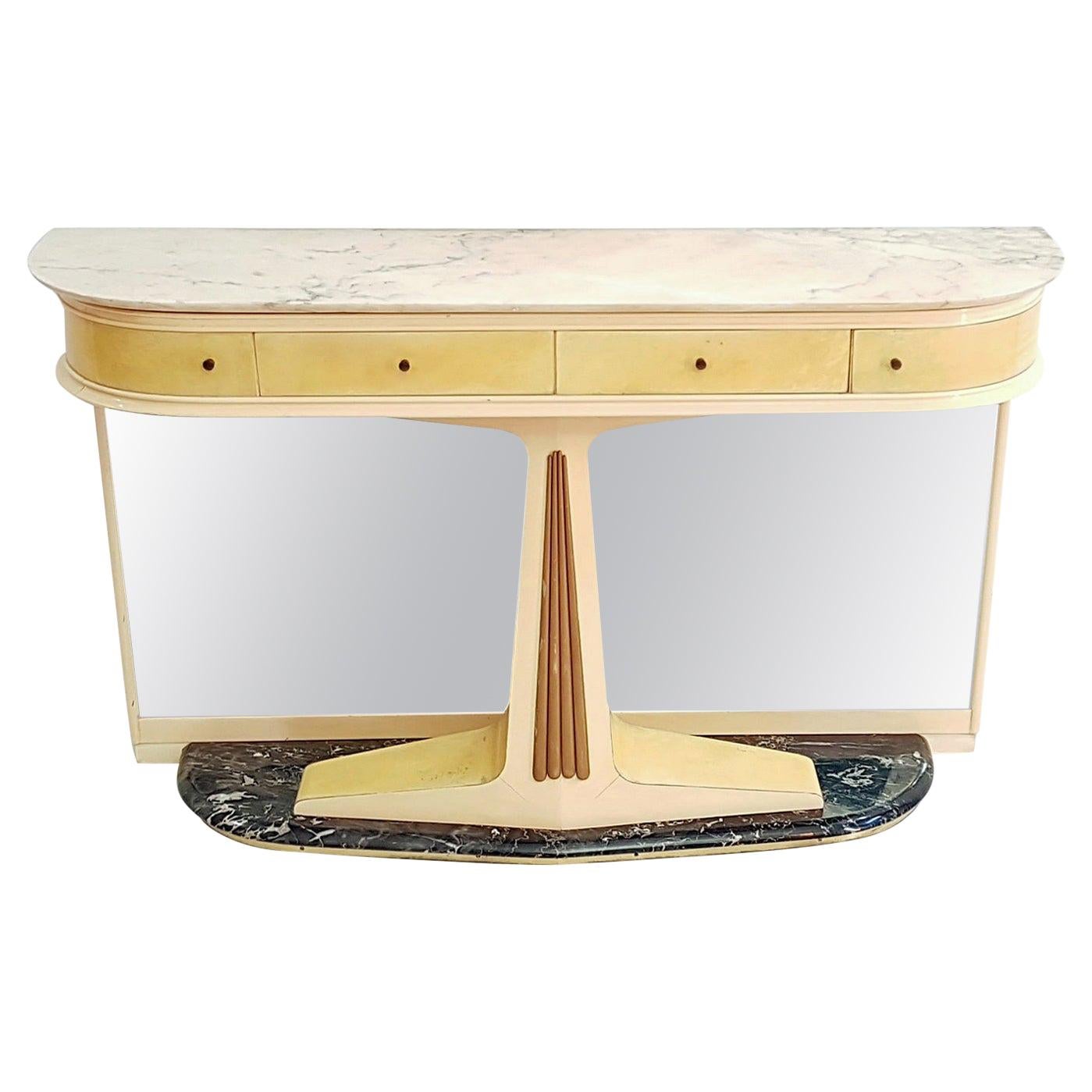 Midcentury Italian Mirror Console Table with Marble Top and Base