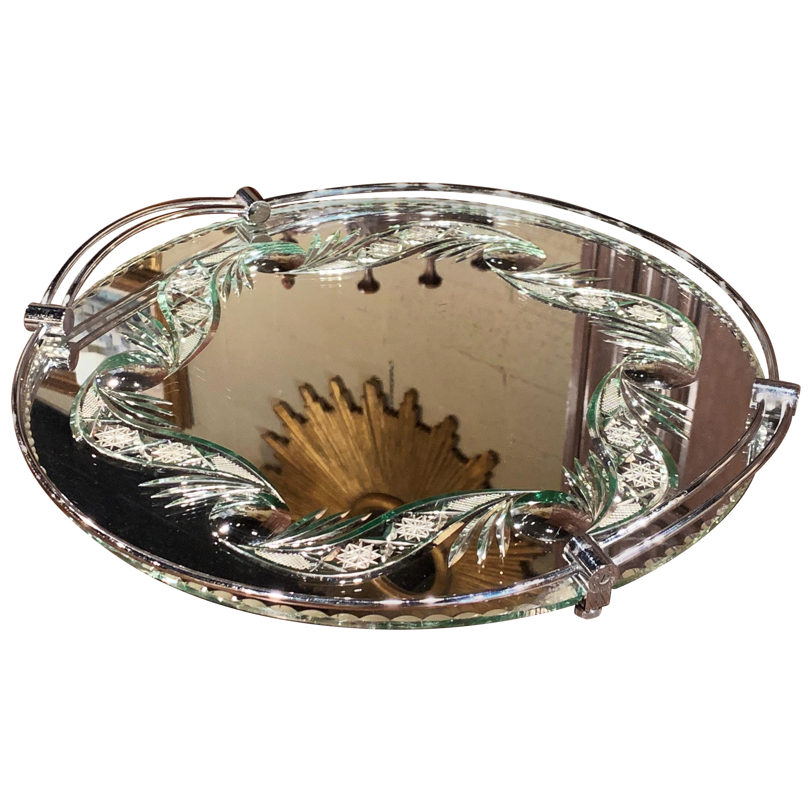 Midcentury Italian Mirrored and Metal Table Plateau with Engraved Foliage Decor