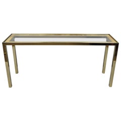Midcentury Italian Modern Brass Glass Rattan Wicker Sofa Hall Console Table