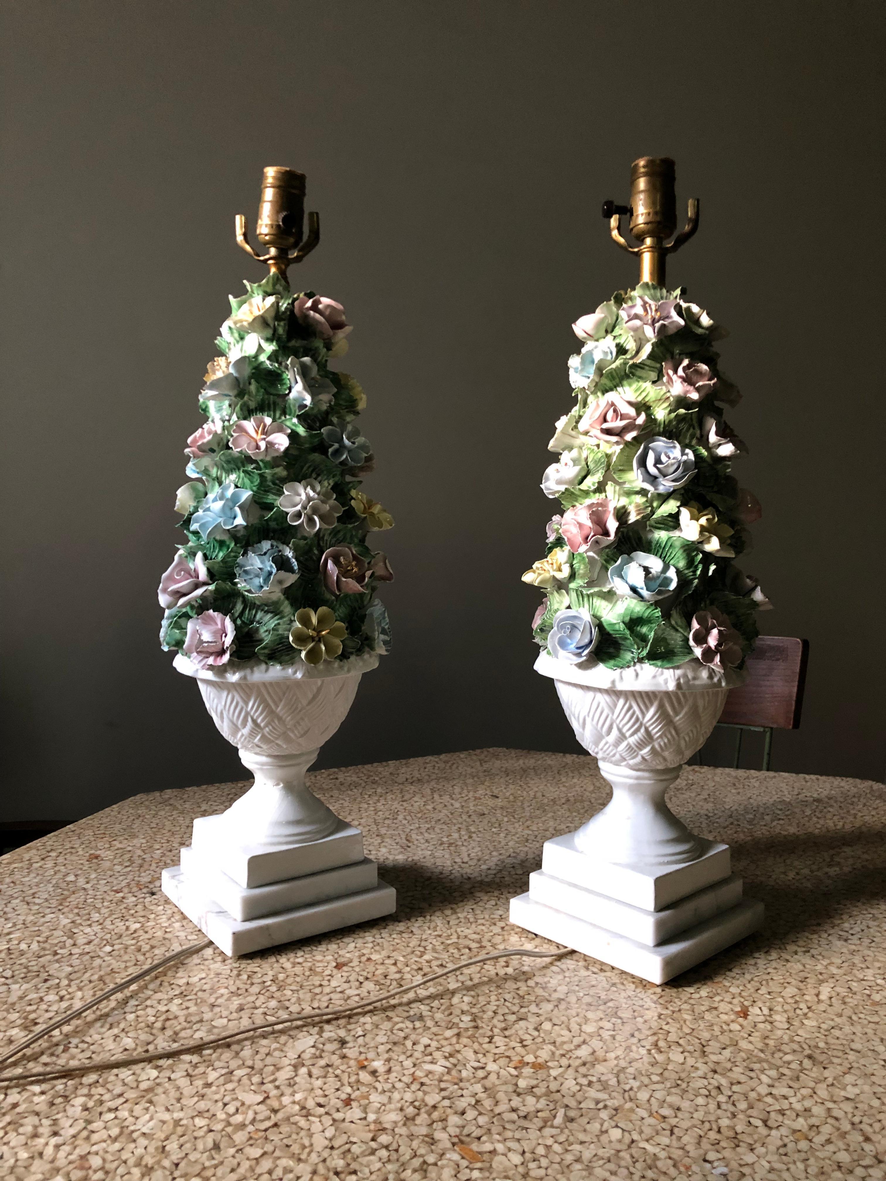 20th Century Midcentury Italian Modern Capodimonte Porcelain Topiary Floral Table Lamps For Sale