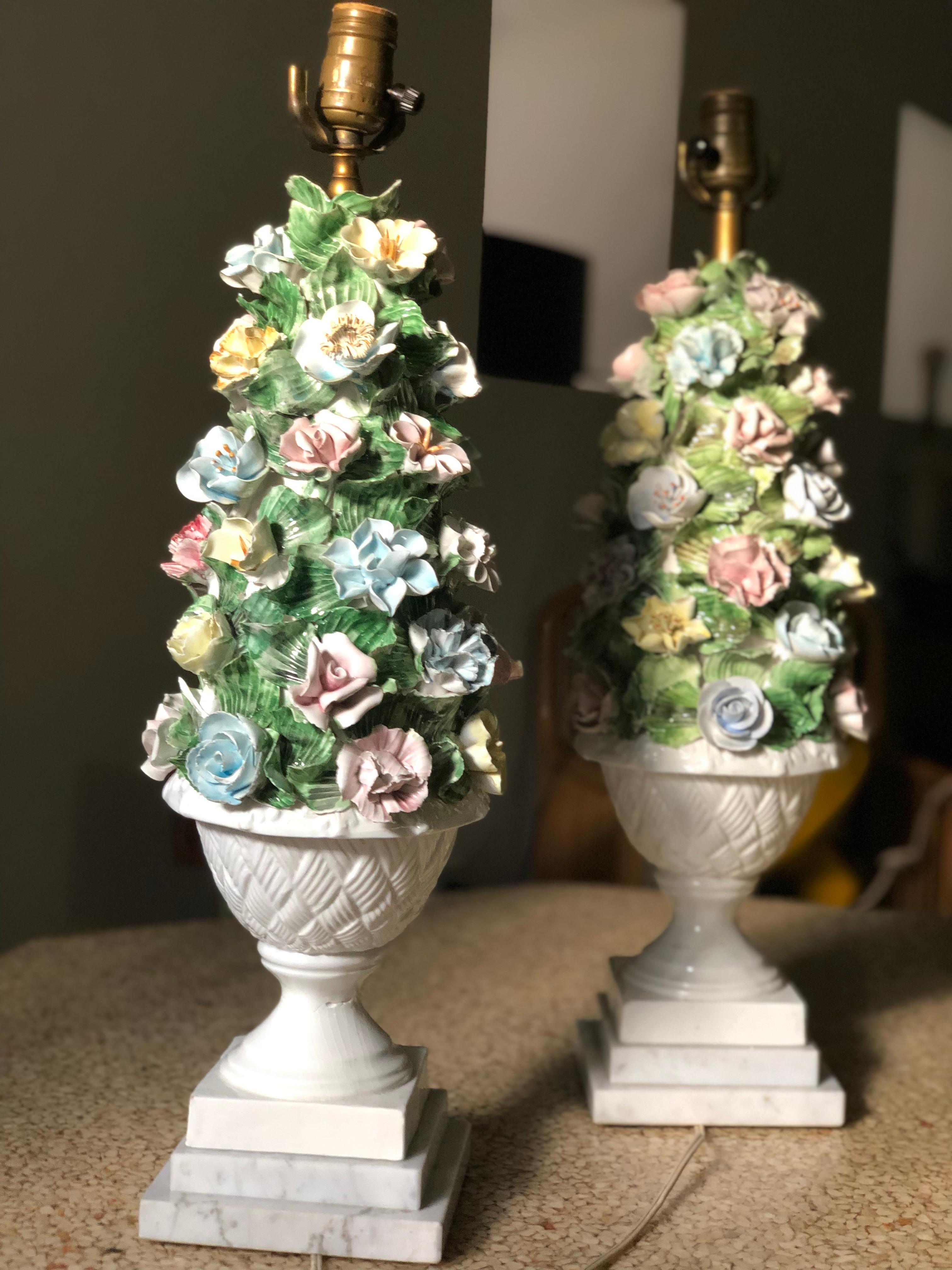 Midcentury Italian Modern Capodimonte Porcelain Topiary Floral Table Lamps For Sale 1