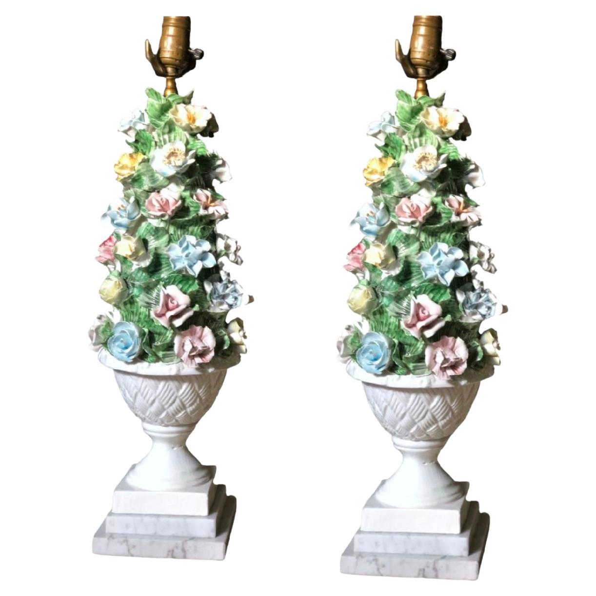 Midcentury Italian modern capodimonte porcelain topiary floral table lamps. Gorgeous handmade midcentury soft-paste Neapolitan porcelain topiary lamps with stunning use of color and overall whimsy. This listing is for the pair. 



  