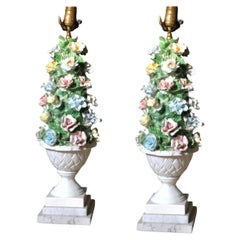 Midcentury Italian Modern Capodimonte Porcelain Topiary Floral Table Lamps