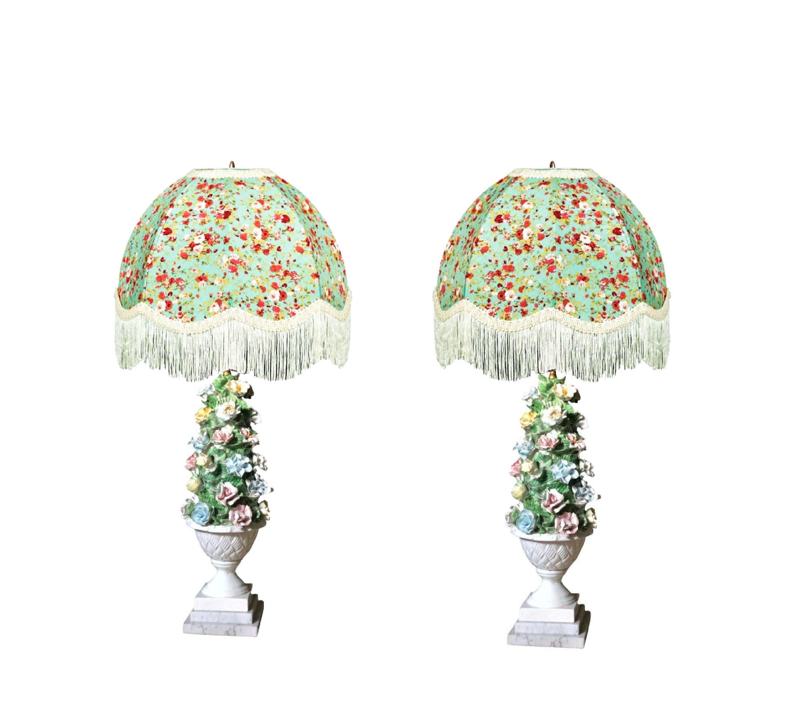 Midcentury Italian Modern Capodimonte Porcelain Topiary Floral Table Lamps